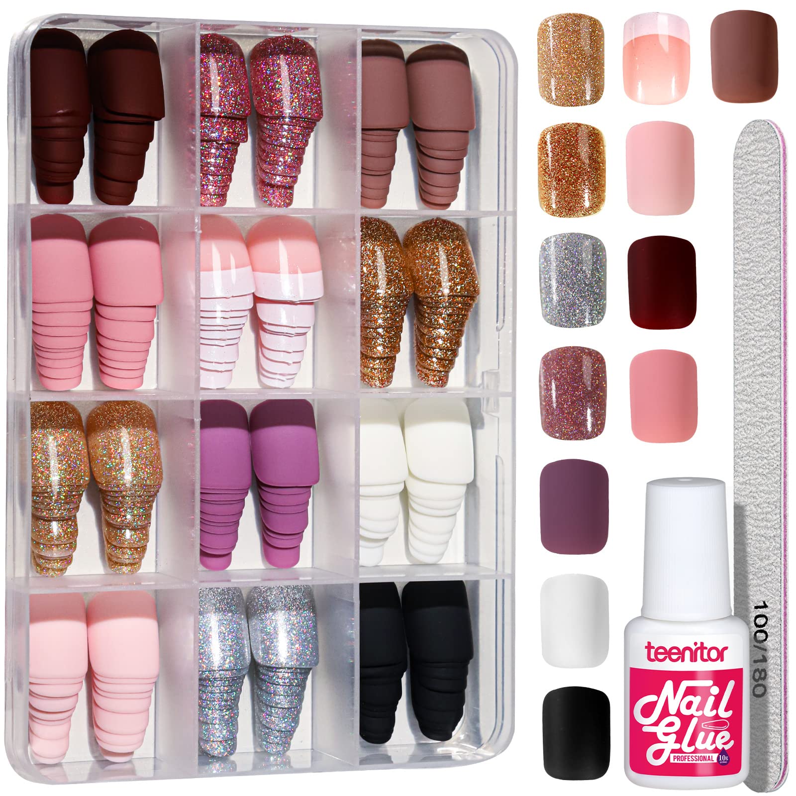 Teenitor Short Press on Nails - 288Pcs Matte Acrylic Square Fake Nails Full Cover, Glitter False Nails Glue on
