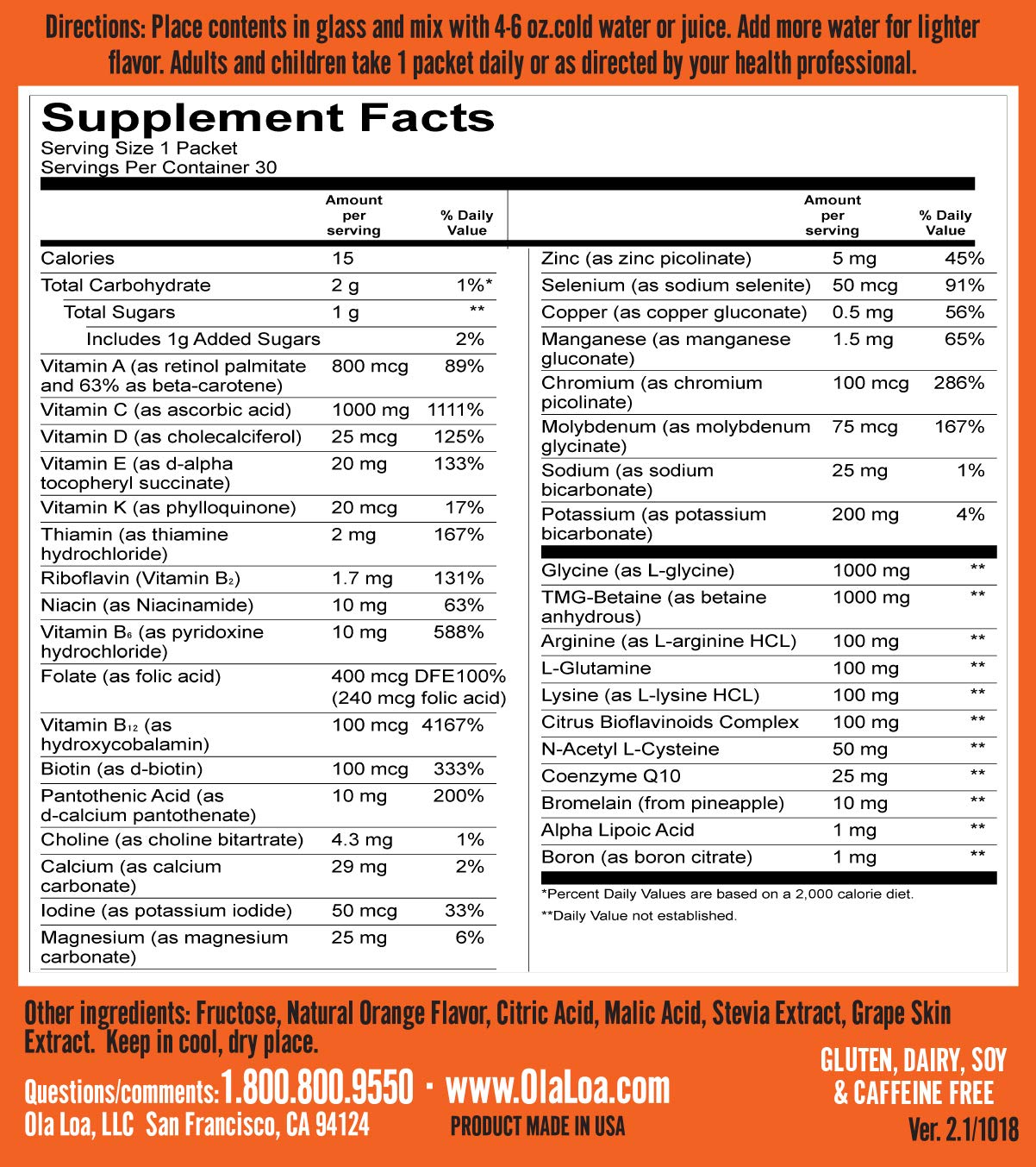 Ola Loa Energy Orange Multi Vitamin Drink Mix - Amino Energy Powder, Gluten Free, Detox, Dairy Free, Caffeine Free - Drink Your Vitamins for The Rigors of Daily Life - 30 Packets (8.25oz)