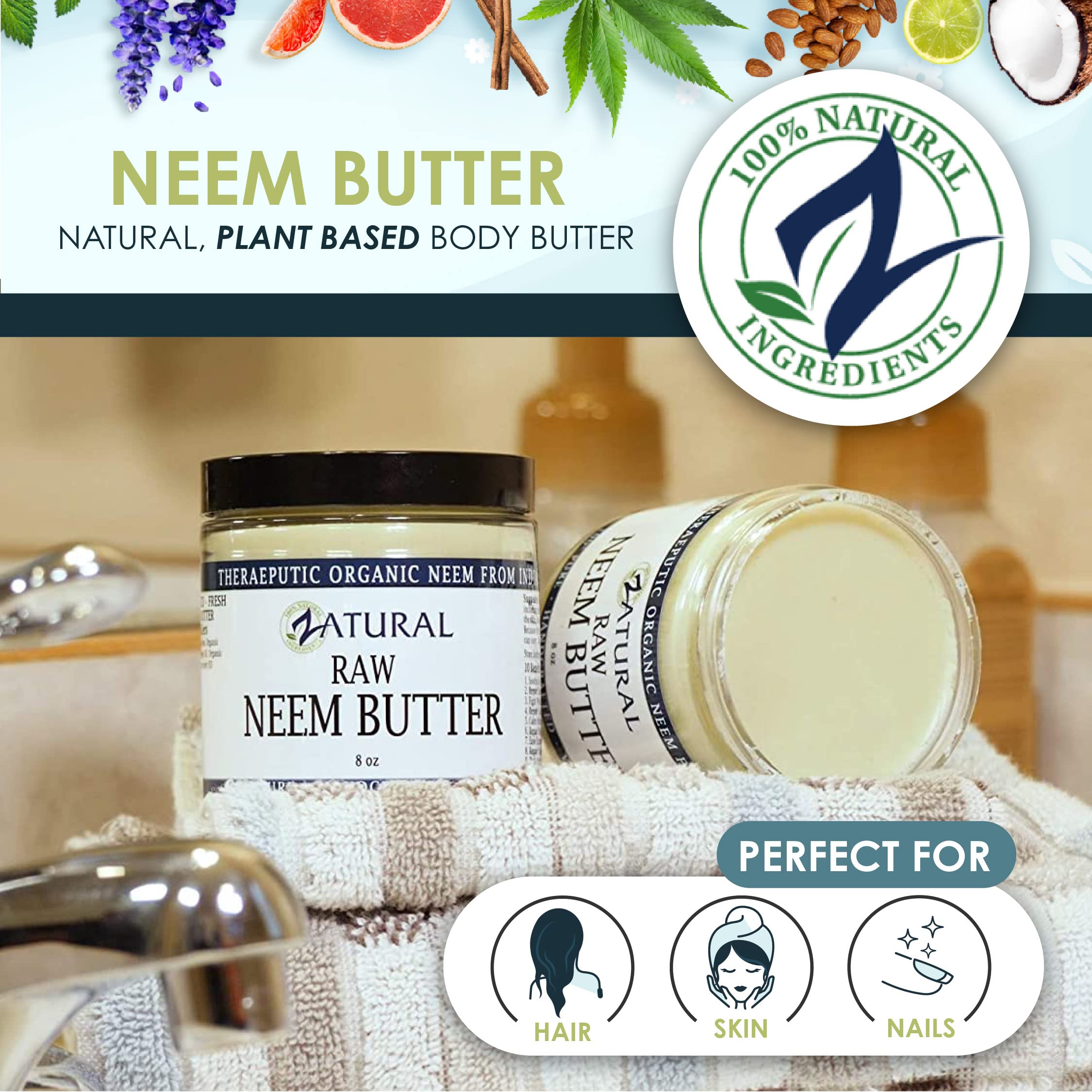 Naked Neem Organic Neem Butter with Organic Neem Oil, Extract and Leaf Calm Sensitive Skin, Itchy Skin and More Handcrafted in Small Batches, 8 oz.
