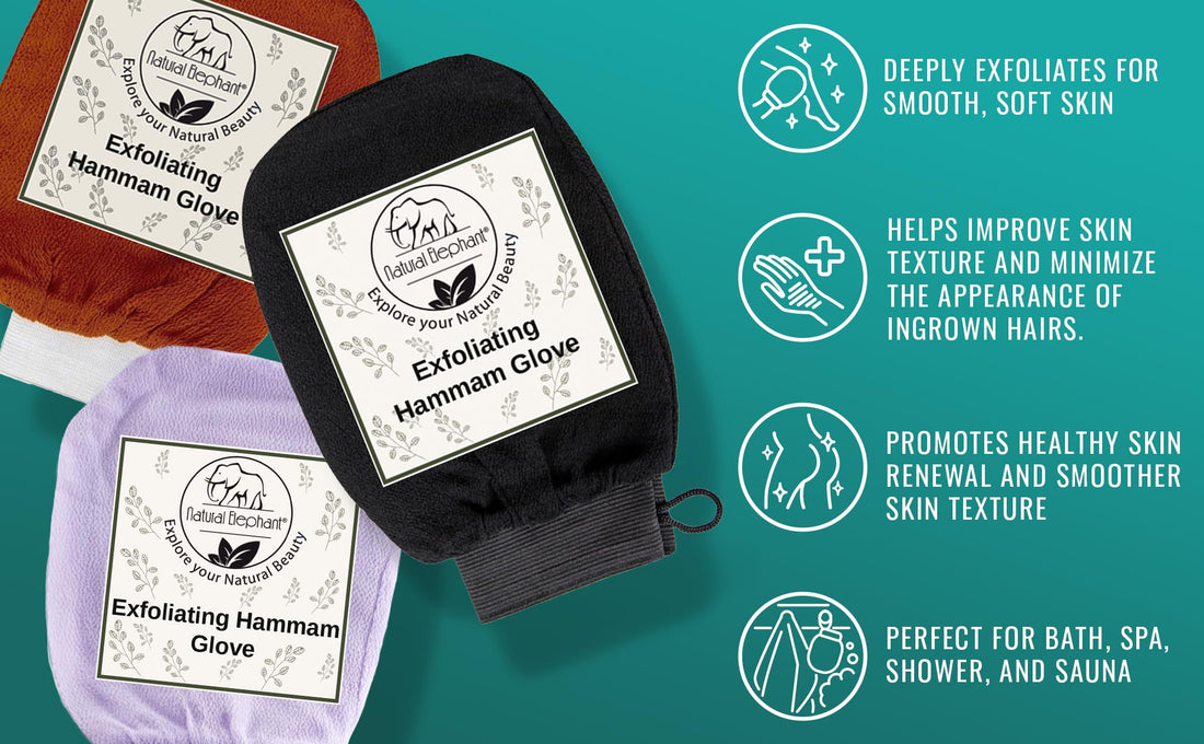 Natural Elephant Exfoliating Hammam Glove - Face and Body Exfoliator Mitt (Pure Black (Pack of 3))