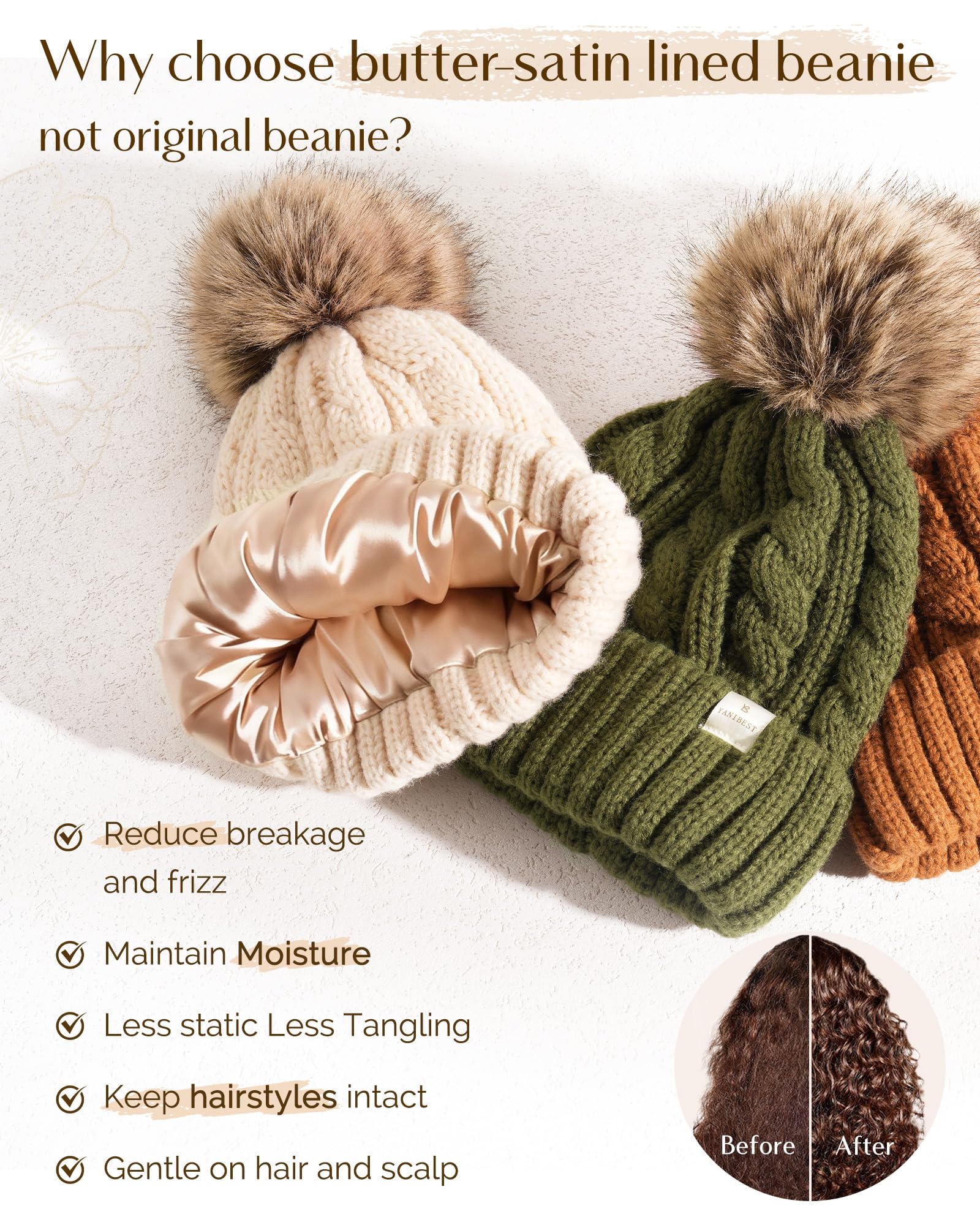 YANIBEST Winter Hats for Women Satin Lined Knitted Beanie Hat Warm Soft Ski Cuff Cap with Pom Pom Beige