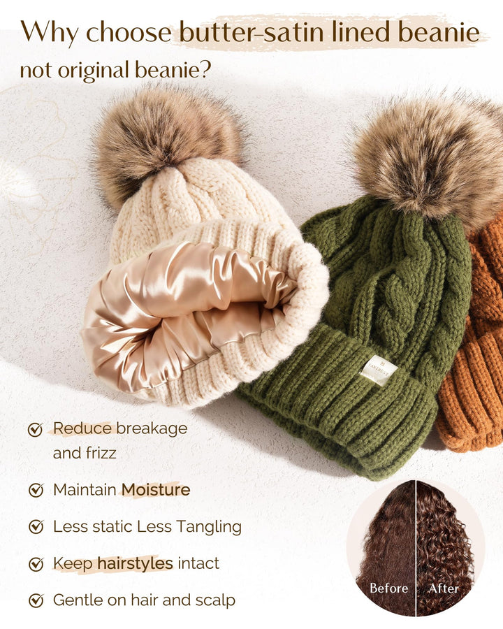 YANIBEST Winter Hats for Women Satin Lined Knitted Beanie Hat Warm Soft Ski Cuff Cap with Pom Pom Beige