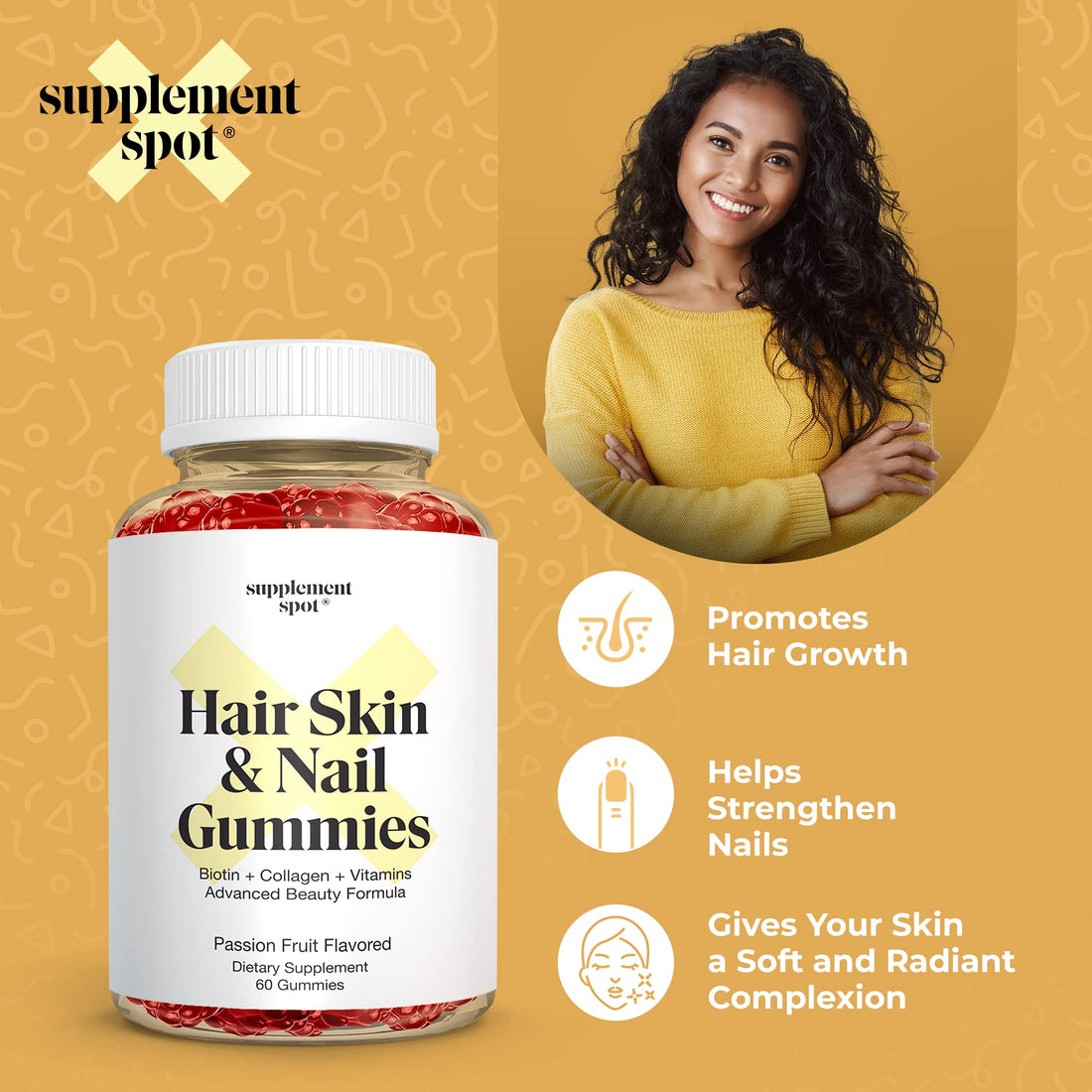 Supplement Spot Hair Skin and Nails Vitamins, 6000 mcg Biotin Gummies w/Collagen, Passion Fruit Flavored Hair Vitamins, Gluten Free Collagen Supplements (60 Count)