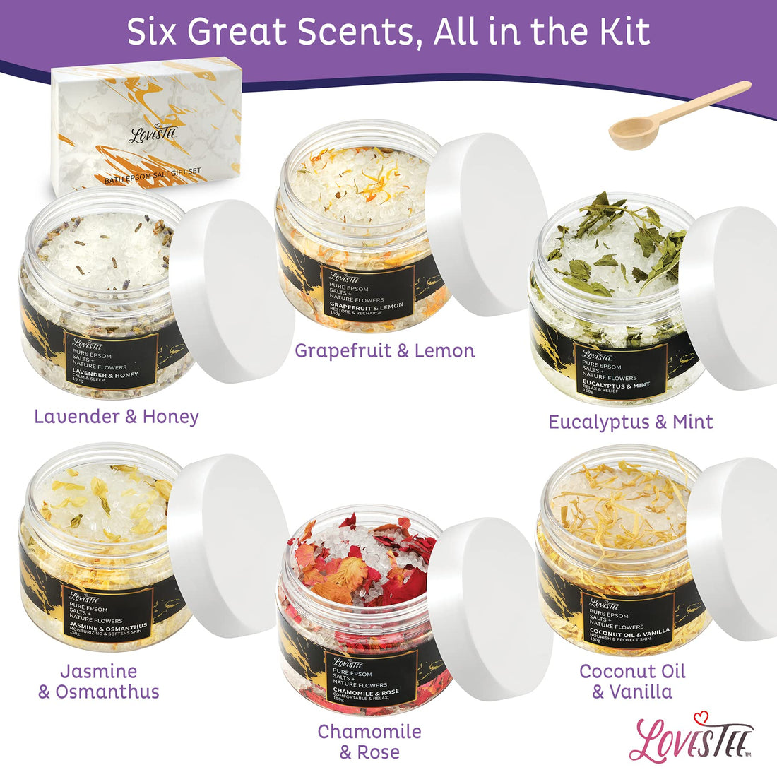 Mother's Day Epsom Salt Spa Gift Set of 6 Bath Salts - Coconut Vanilla, Jasmine Osmanthus, Eucalyptus Mint, Lavender Honey, Chamomile Rose, Grapefruit Lemon for Bath Gift Set for Women Baskets