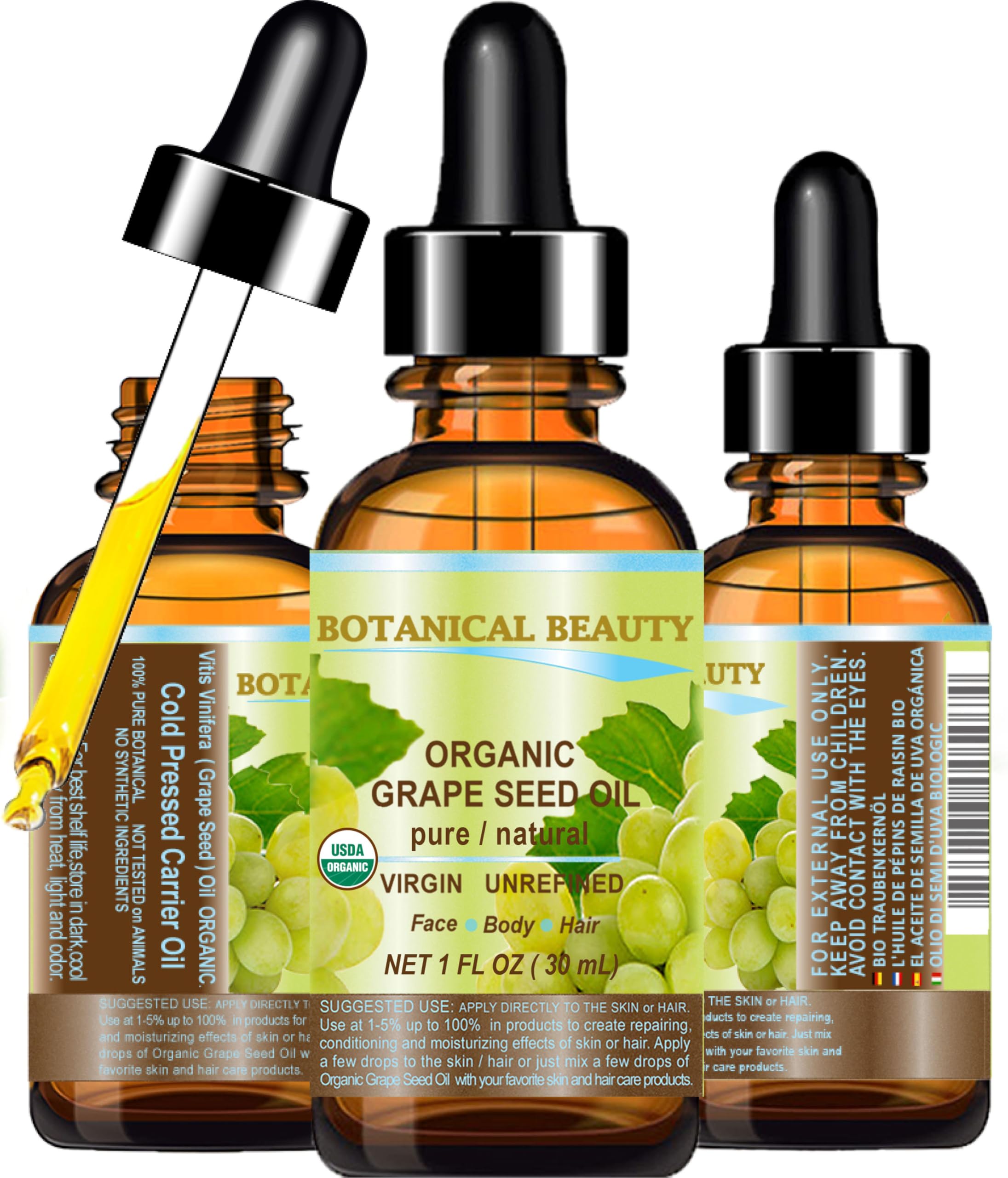 Botanical Beauty Organic GRAPE SEED OIL 100% Pure Natural VIRGIN UNREFINED Cold-Pressed Carrier Oil 1 Fl oz 30 ml for Face, Skin, Body, Hair, Lip, Nails, Massage. Rich in Vitamin E