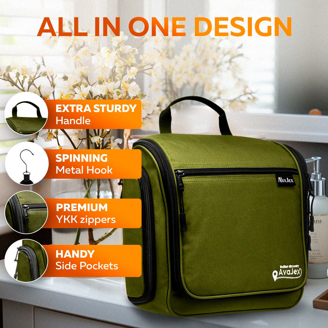 Travel Toiletry Bag for Men and Women - Large Hanging Toiletry Organizer - Waterproof Hygiene Bag with Metal XXL Swivel Hook, with YKK Zippers and 19 Compartments for Toiletries, Makeup, Cosmetics