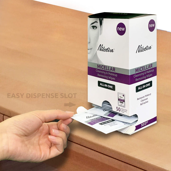 Nileeva Face Makeup Remover I Makeup Cleansing Wipes For Home, Travel or Hotels, Makeup Retail I SINGLE WIPES I Easy Dispensing Box For Hotels (50 Wipes)