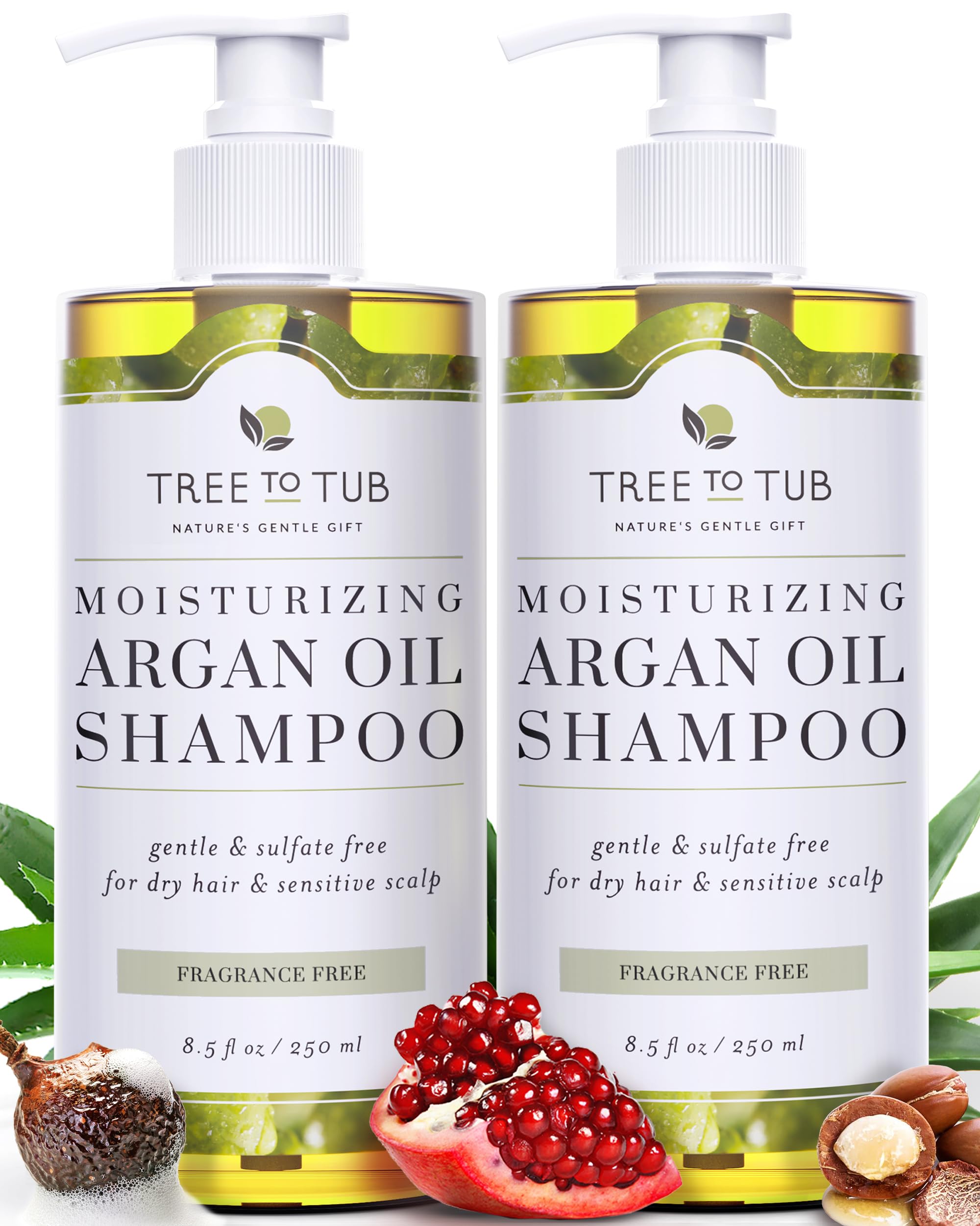 Tree to Tub Fragrance Free Shampoo for Dry & Sensitive Scalp - Gentle Unscented Hydrating Hair Shampoo for Women & Men, Moisturizing Sulfate Free Shampoo w/Organic Argan Oi, All Natural Aloe Vera
