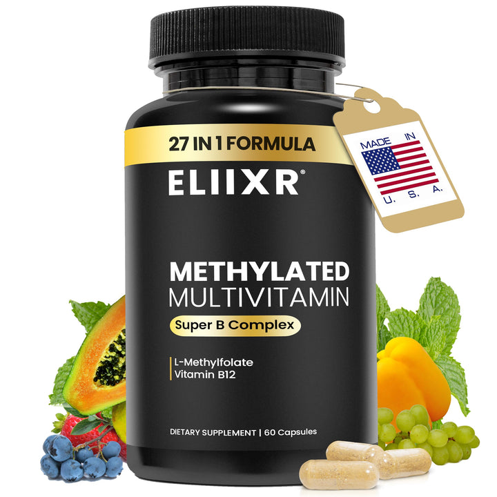 Eliixr Methylated Multivitamin Supplement for Men and Women with Active Methyl B12 and 5-MTHF Methylfolate 60 Vegetable Capsules Iron Free Made in The USA