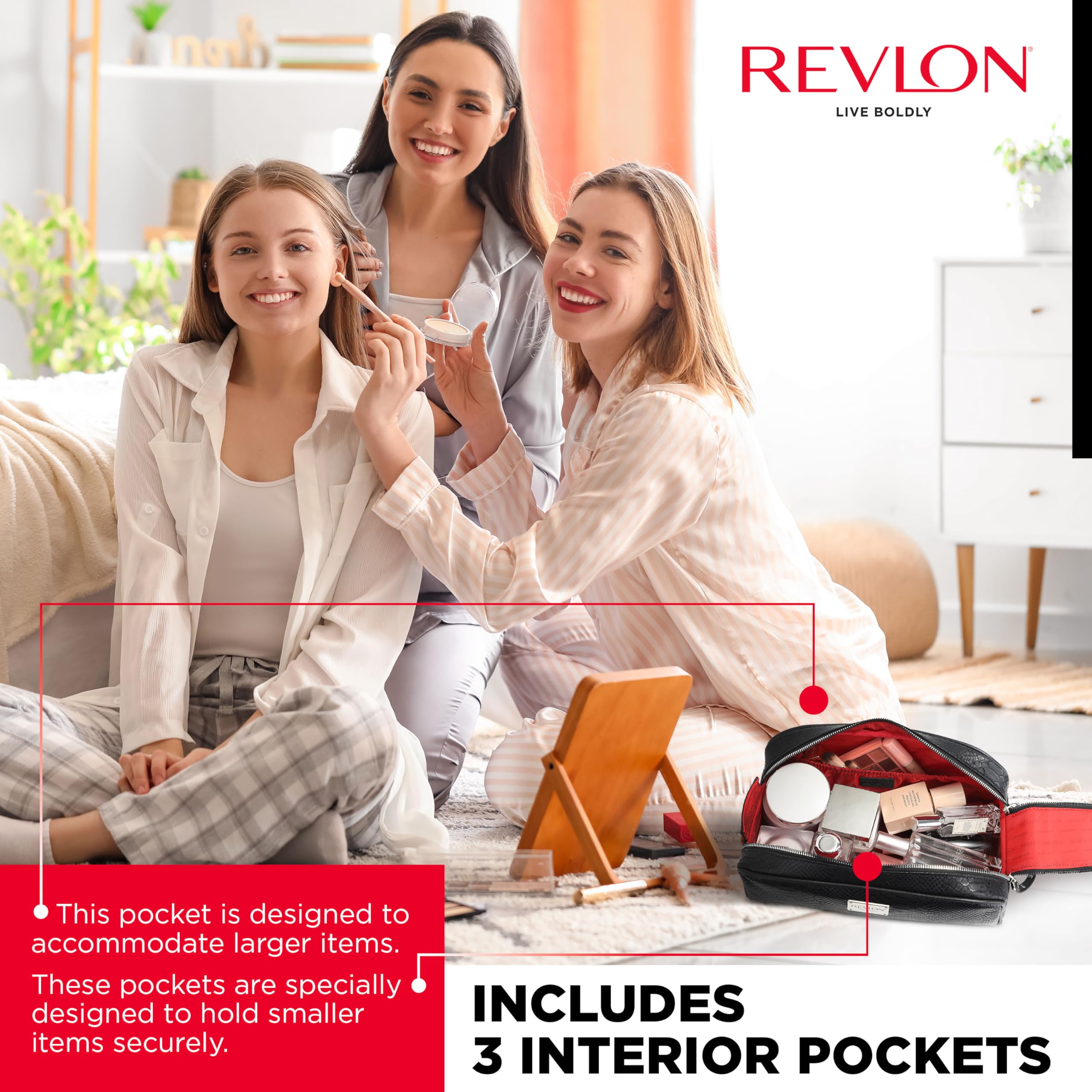 REVLON Croc Embossed Makeup Bag - Small Makeup Pouch, Travel Makeup Organizer with Two Zippers, Cosmetic Bag, Mini Makeup Case with Pockets - Gifts for Women, Ladies, or Teen Girls, Onyx