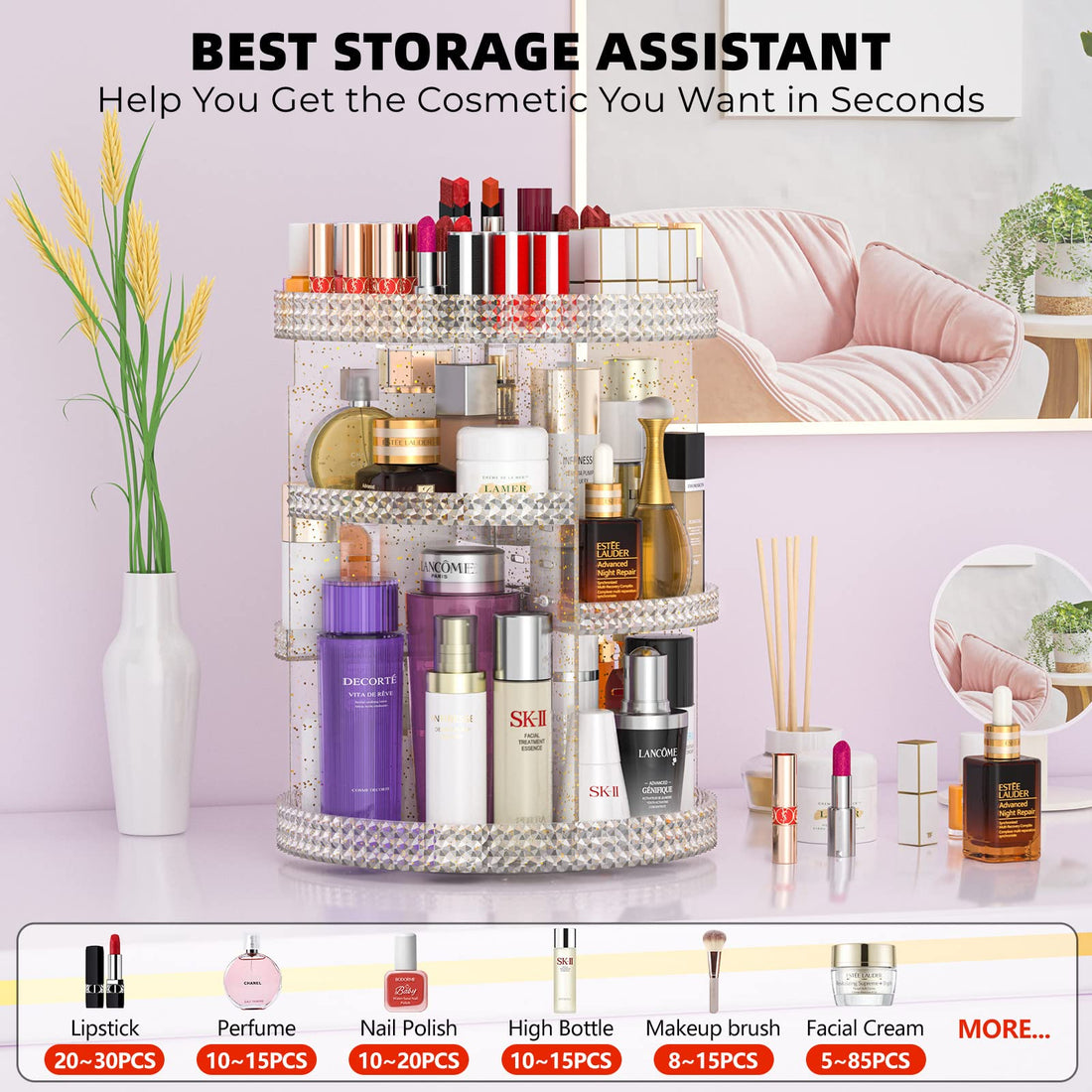 HEMTROY 360 Degree Rotating Makeup Organizer, Extra Large Capacity Organizador De Maquillaje, Removable 7 Layers Lipstick Organizer Cosmetic Storage Cases Perfume Organizer for Vanity (Glitter)