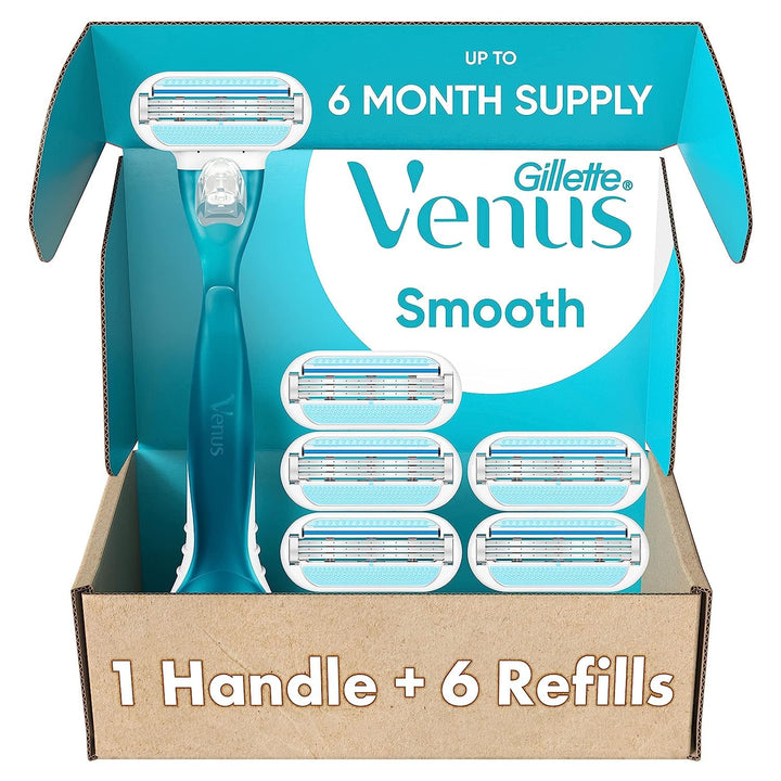 Gillette Venus Smooth Women's Razor Handle + 6 Refills with Soft-Grip Gel Handle