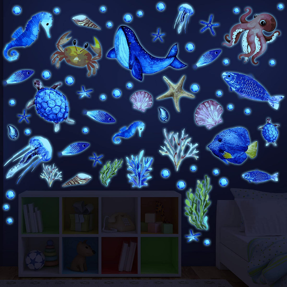 Zonon 97 Pcs Glow in The Dark Ocean Stickers Ocean Fish Wall Decals Under The Sea Wall Decals Removable Sticker Fluorescent Starfish Shell Waterproof Peel and Stick for Kids Bedroom Decor