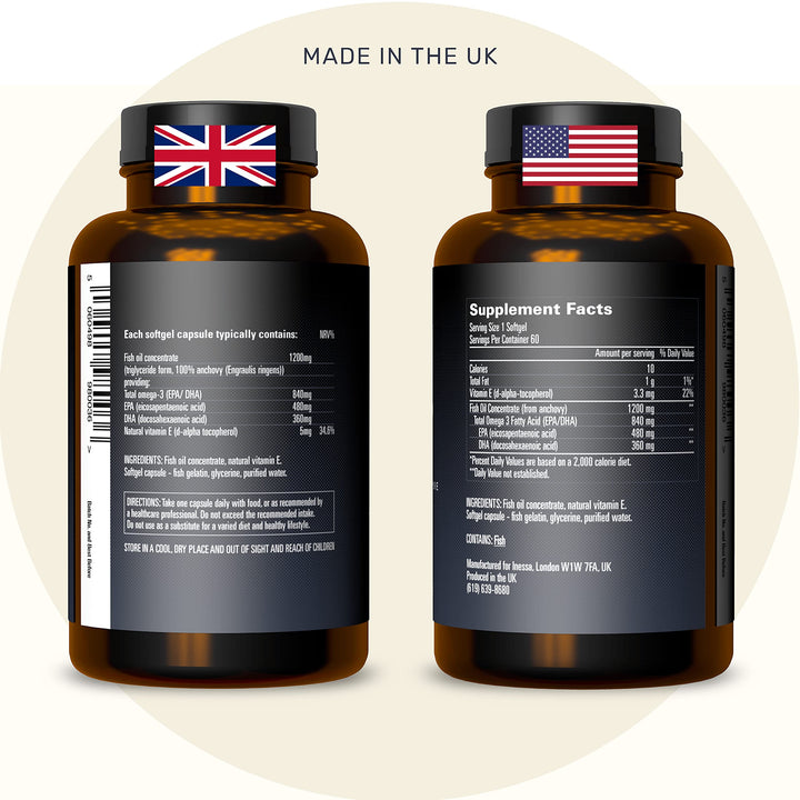 Omega 3 Fish Oil 1200mg (480mg EPA/360mg DHA per Capsule) High Strength, Ultra Pure, Eco Friendly 60 Capsules, 2 Months Supply. GMP & Friends of The Sea Certification