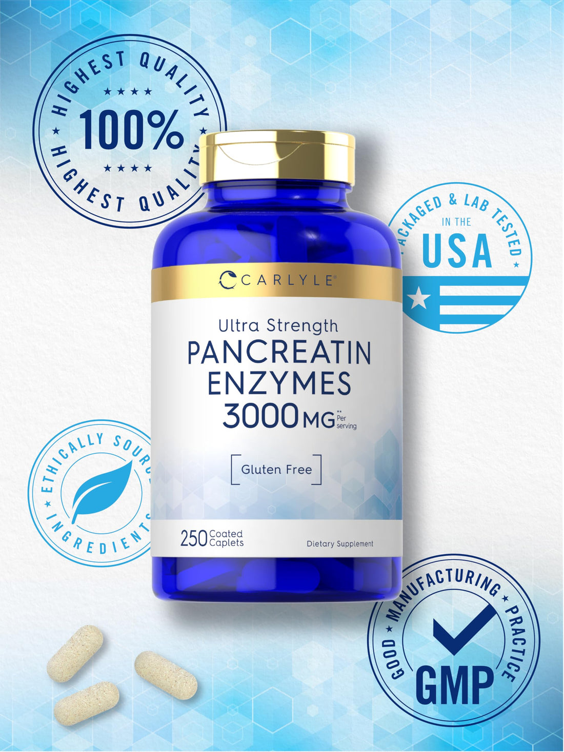 Carlyle Pancreatin Digestive Enzymes | 3000mg | 250 Caplets | Non-GMO, Gluten Free | High Potency Formula