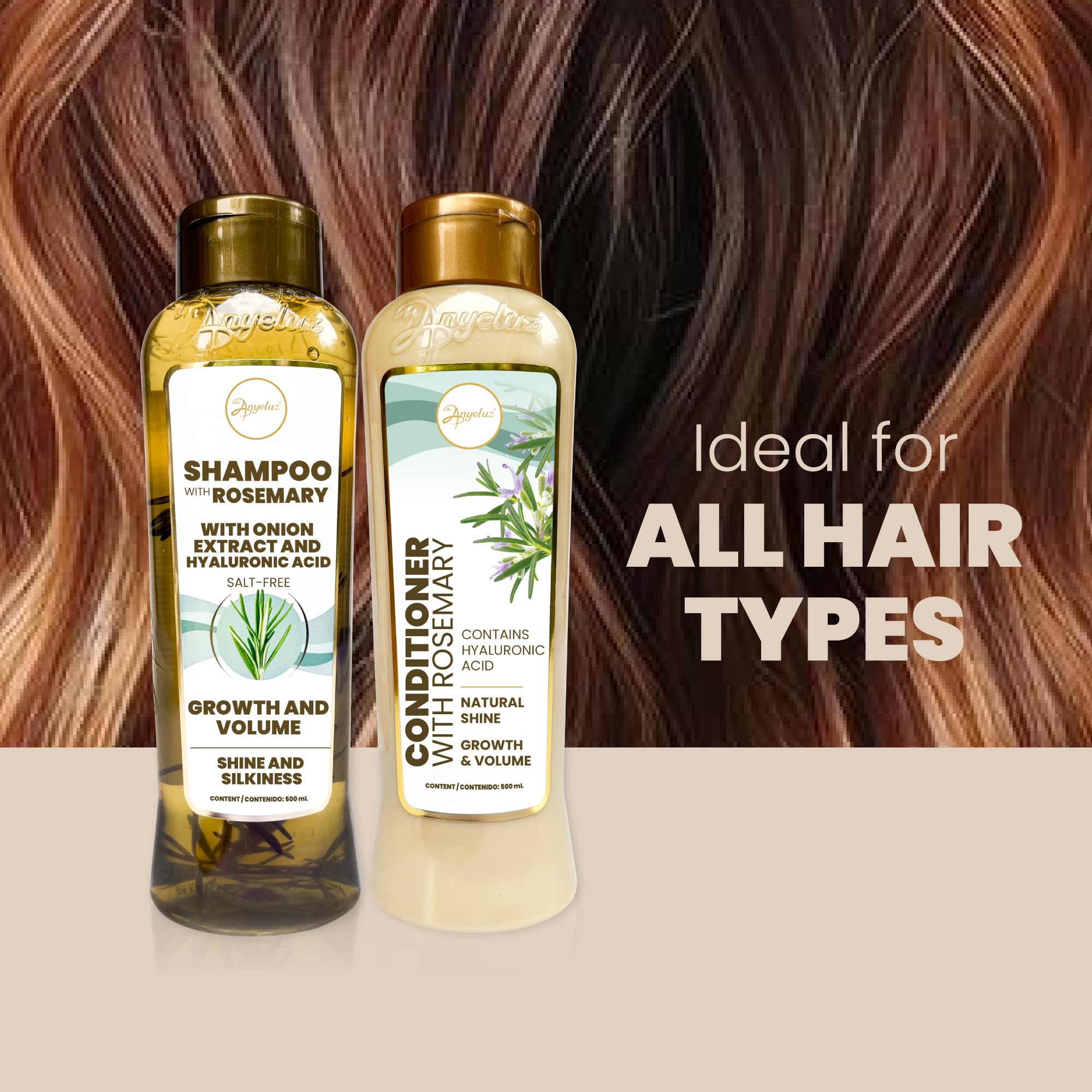 ANYELUZ Rosemary Shampoo and Conditioner Set - With Hyaluronic Acid and Natural Extracts, Strengthens and Hydrates Hair for Shine and Vitality