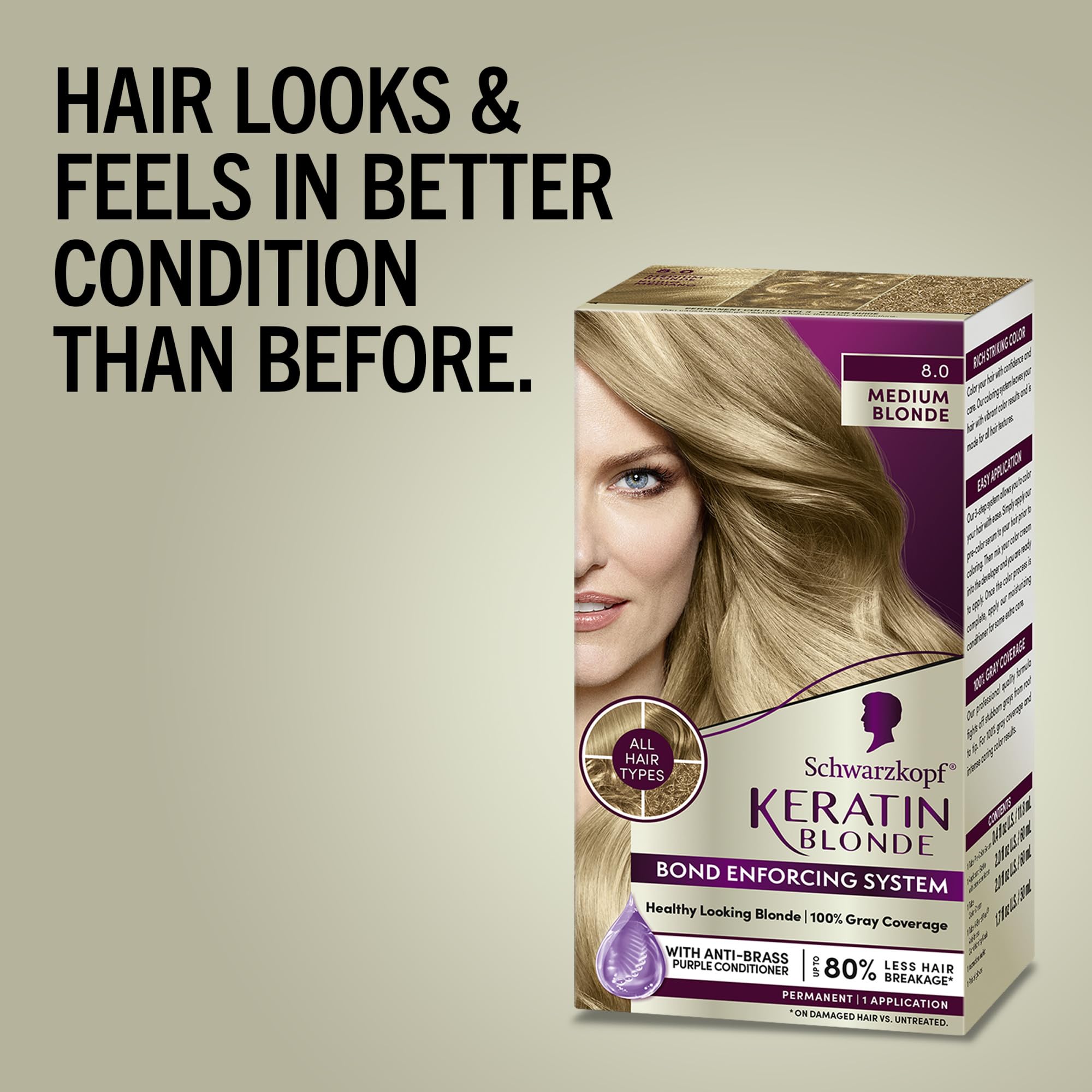 Schwarzkopf Keratin Color Permanent Hair Color, 8.0 Medium Blonde, 1 Application - Professionally Inspired Permanent Hair Dye