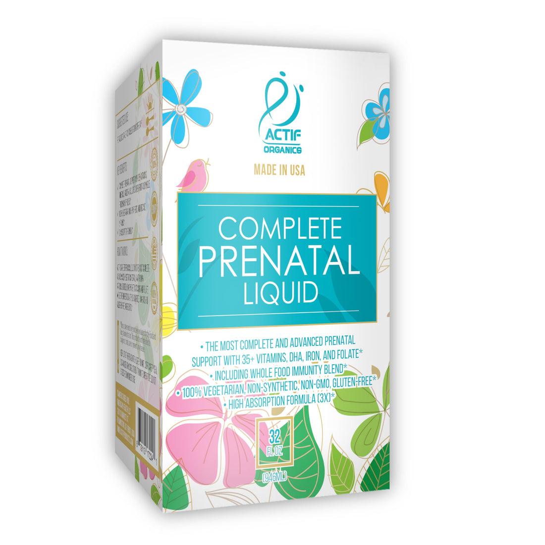ACTIF Organic Complete Prenatal Liquid with 35+ Vitamins and Organic Herbs, with DHA and Choline, Non-GMO, Made in USA, 32oz