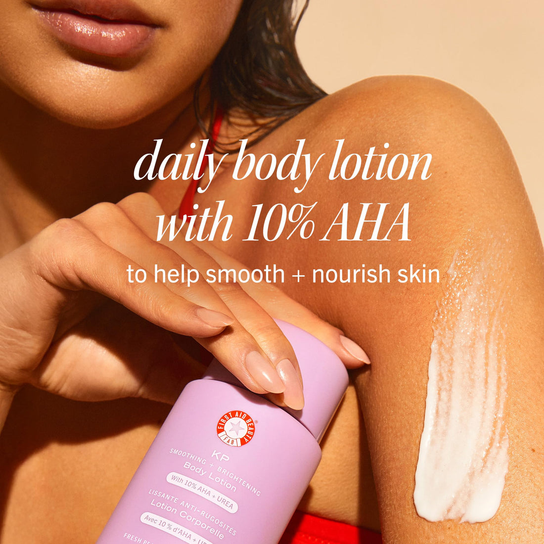 First Aid Beauty - KP Smoothing + Brightening Body Lotion with 10% AHA, Lactic Acid, Urea + Colloidal Oatmeal, Exfoliate & Moisturize, Banish Keratosis Pilaris Bumps, NEW Peach Scent (6. 7 fl oz)