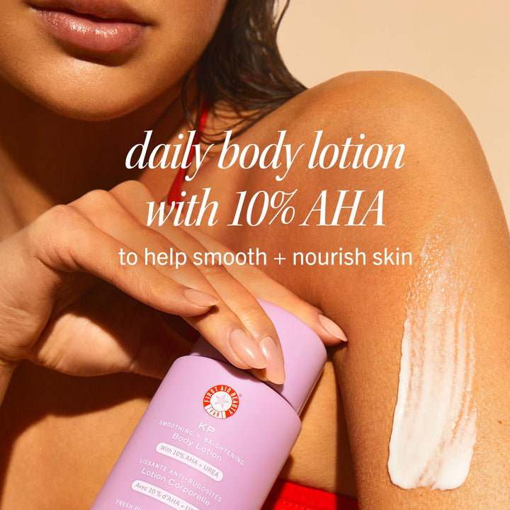 First Aid Beauty - KP Smoothing + Brightening Body Lotion with 10% AHA, Lactic Acid, Urea + Colloidal Oatmeal, Exfoliate & Moisturize, Banish Keratosis Pilaris Bumps, NEW Peach Scent (6. 7 fl oz)