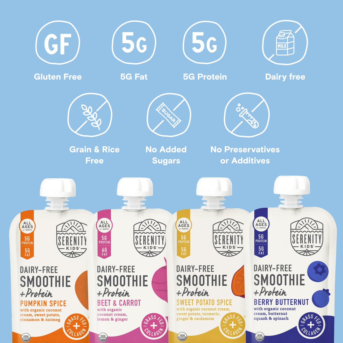 Serenity Kids 6+ Months Dairy-Free Smoothie Baby Food - USDA Organic Grass-Fed Collagen Protein - 3.5 Oz BPA-Free Pouches - Variety Pack (8 Count) - Baby Smoothie Pouch Set