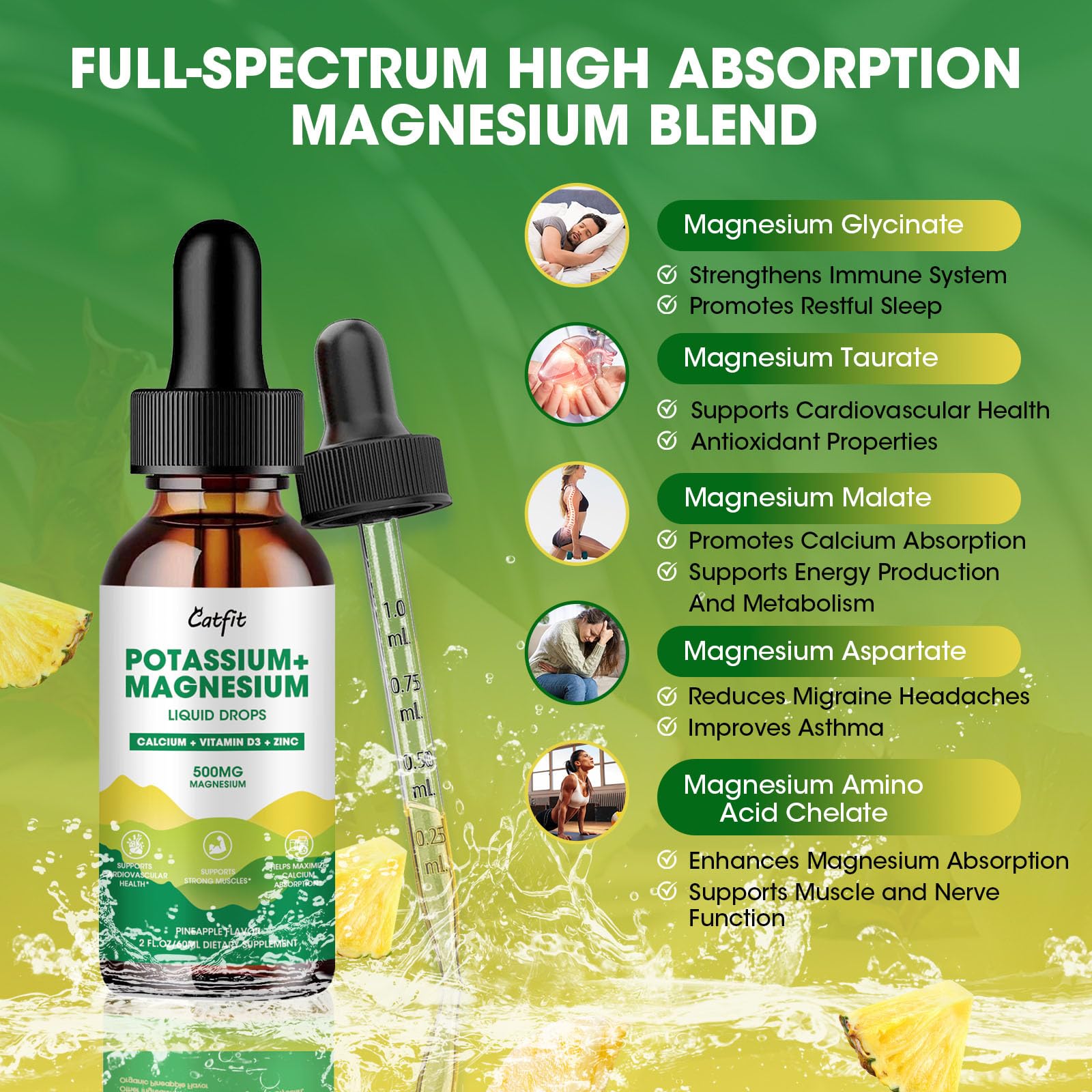 Potassium Magnesium Glycinate Supplement-High Absorption Magnesium Complex Liquid Drop with Calcium, Potassium, Vitamin D3 & Zinc for Sleep,Leg Cramps, Muscles & Energy, Sugar Free&Vegan 2 Fl Oz