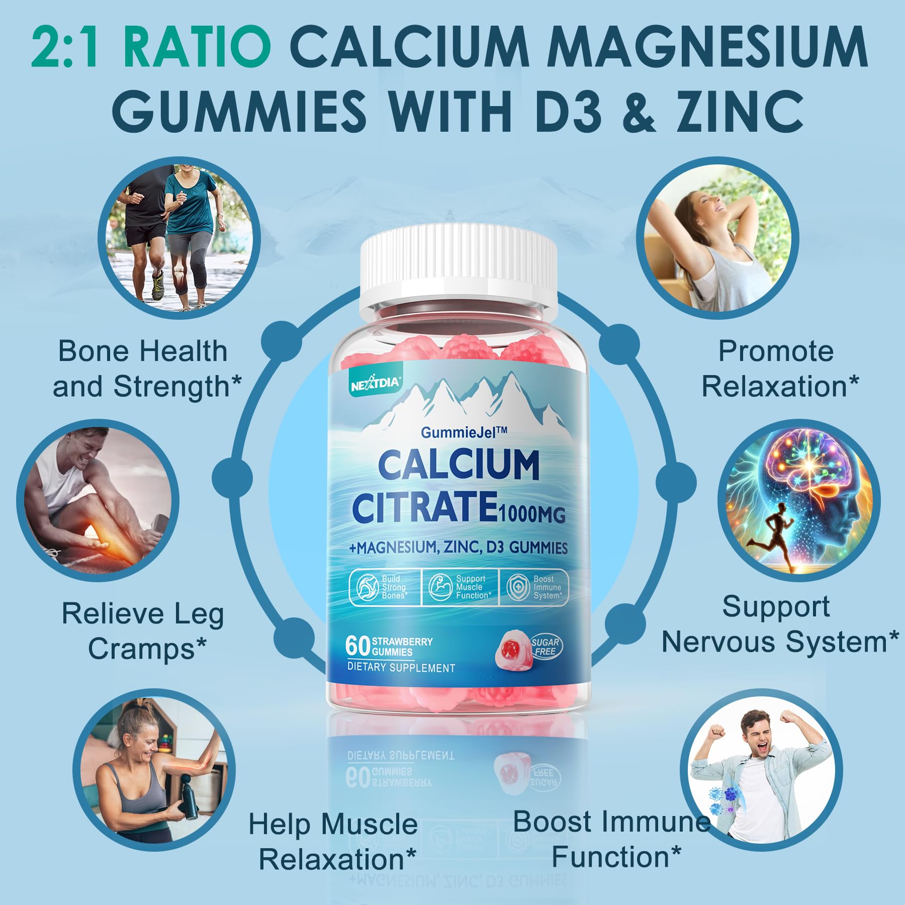 Calcium Citrate 1000mg Filled Gummies + Vitamin D3, Magnesium, Potassium, Zinc & B6 - Bones Strength, Muscle & Immune Support - Sugar Free Calcium Supplement for Women Men, Vegan Calcium Chews, 60Cts