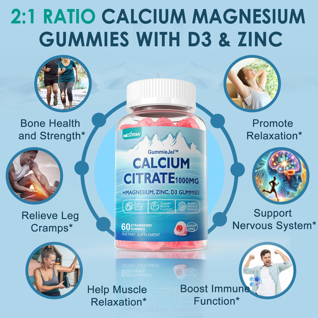 Calcium Citrate 1000mg Filled Gummies + Vitamin D3, Magnesium, Potassium, Zinc & B6 - Bones Strength, Muscle & Immune Support - Sugar Free Calcium Supplement for Women Men, Vegan Calcium Chews, 60Cts