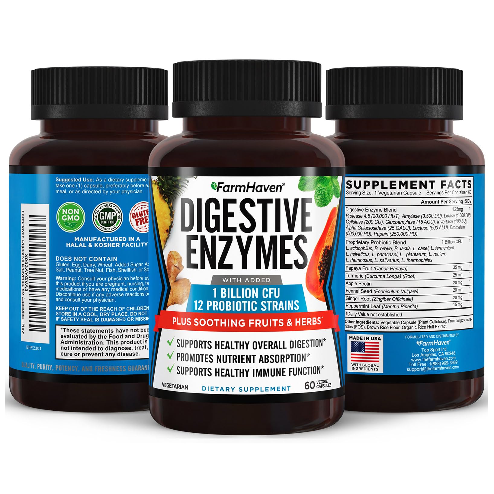 FarmHaven Digestive Enzymes with 18 Probiotics & Herbs | Papaya, Bromelain, Protease & More for Lactose Absorption & Better Digestion | Helps Bloating, Gas, Constipation | Vegetarian, 180 Capsules