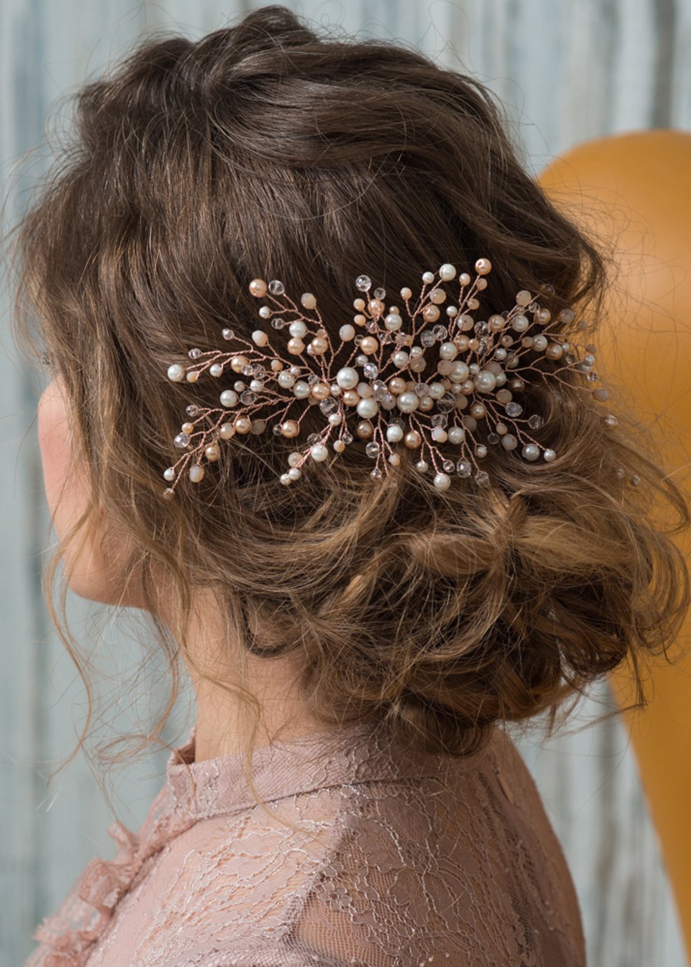 Kercisbeauty Wedding Bridal Bridesmaids Flower Girl Pink Champagne Rose Gold Beads Combs Headband Bridal Hair Comb Headpiece Long Curly Bun Hair Accessories,Wedding Hair Piece Vintage Hair Comb