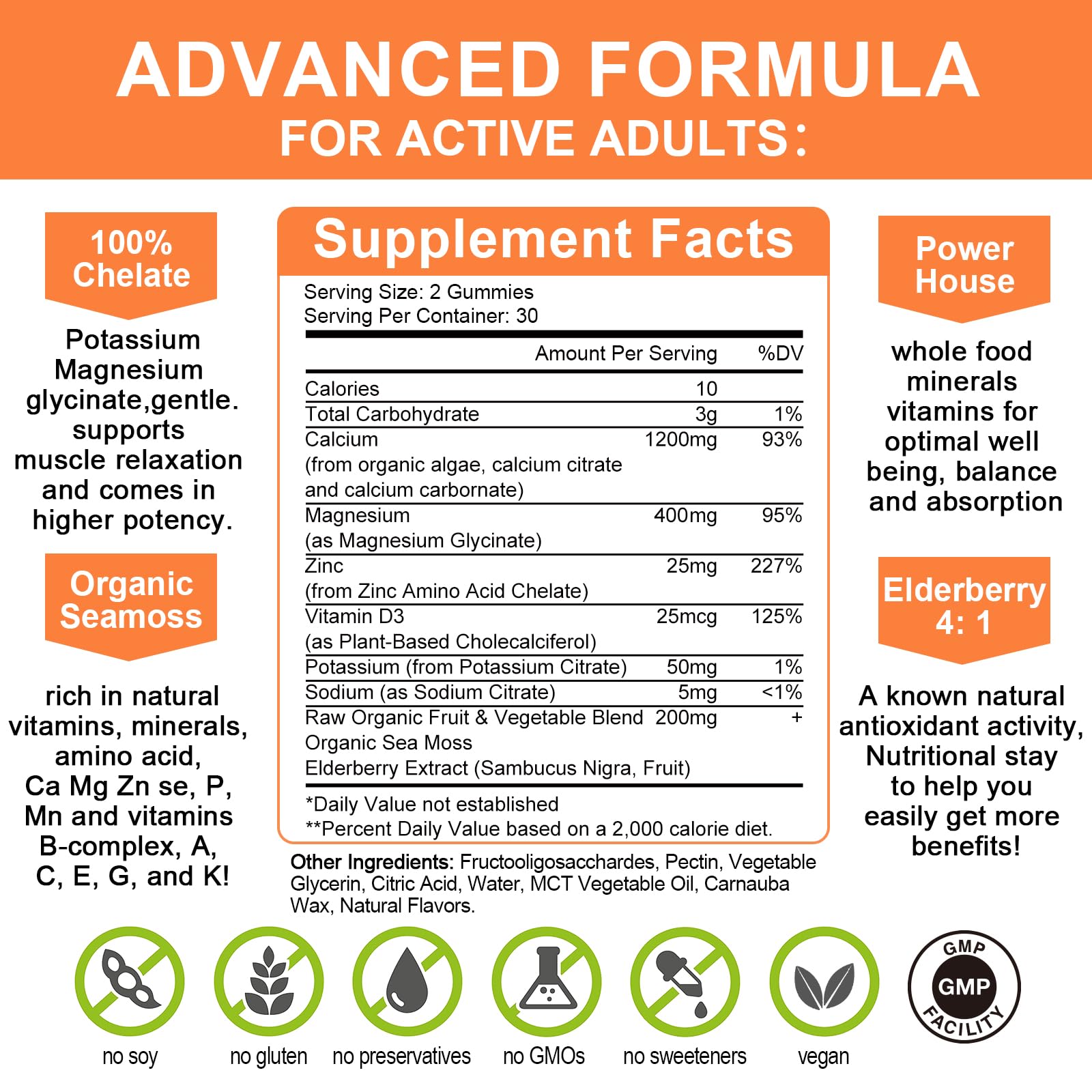 Calcium Gummies with D3,Zinc - Plant Complex Calcium Magnesium Supplement with Glycinate,Potassium,Vitamin C &Whole Natural Food for Bone & Immune Support- Chewable Gummy Sugar-Free -(1pack)