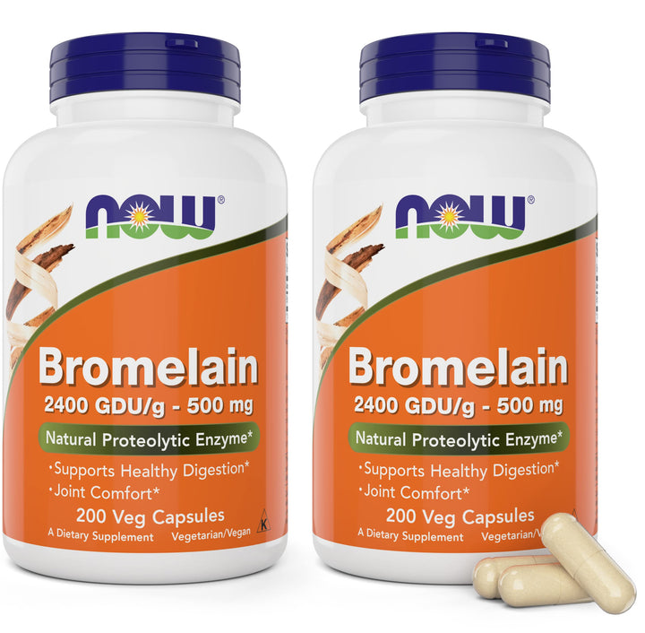 Now Bromelain 500 mg, 200 Veg Capsules (Pack of 2) Supplement - Non-GMO, Vegan 500mg Caps
