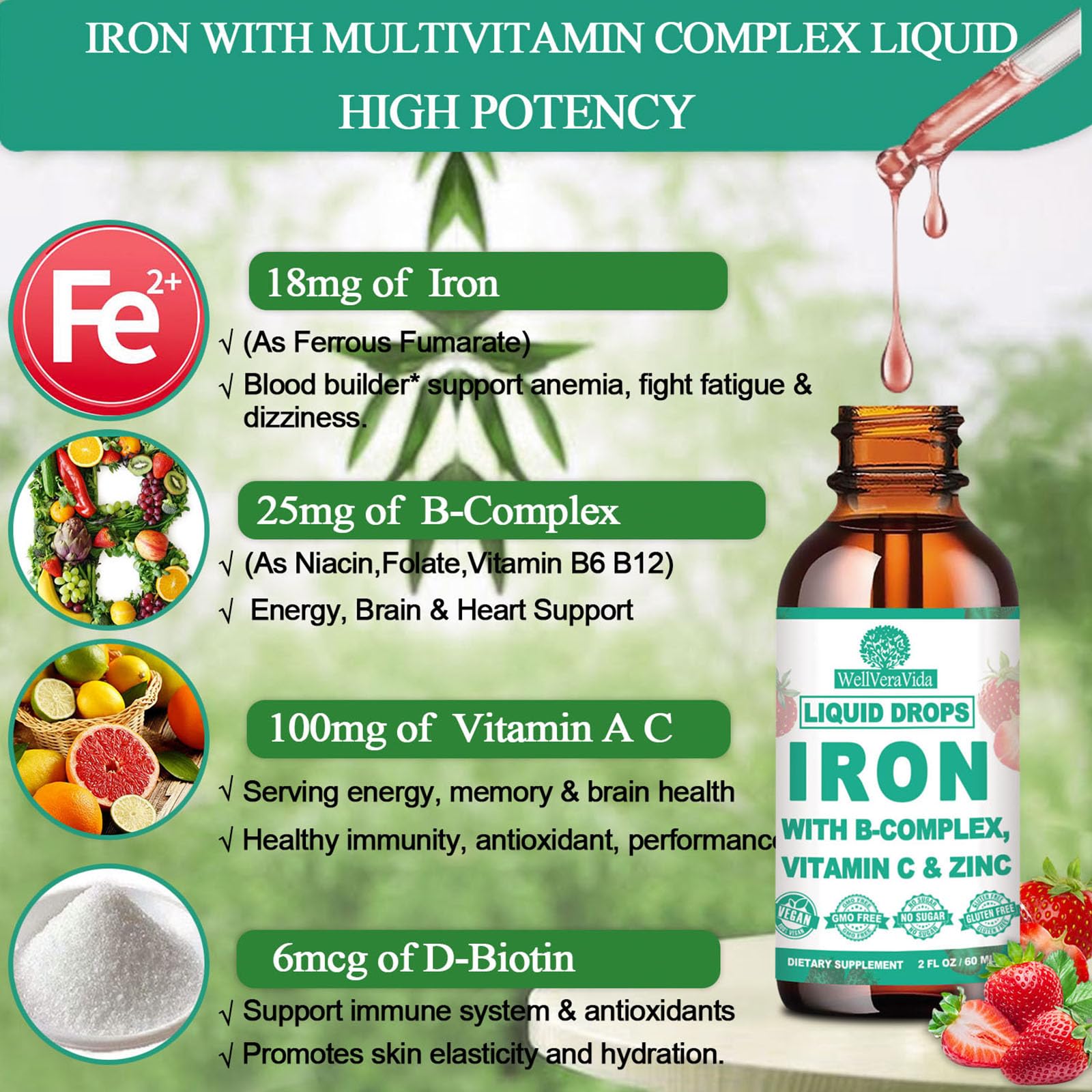 Liquid Iron Supplement w/Vitamin C, B-Complex, High Potency Iron Liquid w. Multivitamin, Vegan Iron Drops for Women, Kids, Chelate Liquid Iron Supplement for Anemia, Fatigue, Red Blood Cell Support