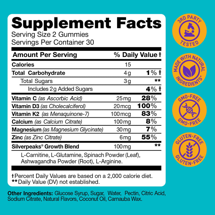 Height Growth Gummies for Kids - Growth Vitamins for Teens Height Growth Supplement - Height Growth for Kids with Calcium, Vitamin D, C, K2, Magnesium & Zinc - Natural Height Growth Maximizer - 60 PCS