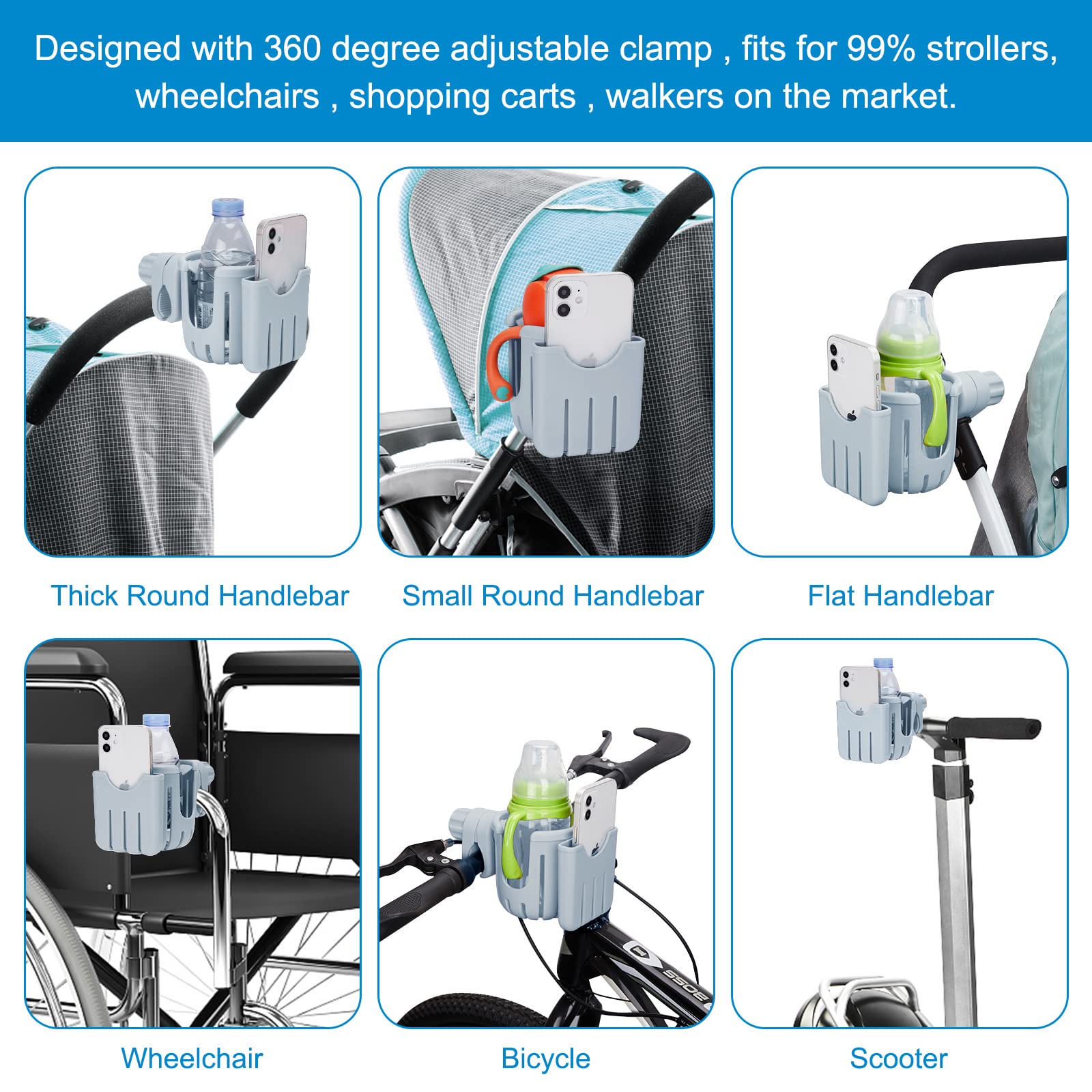 Accmor Stroller Cup Holder with Phone Holder, Bike Cup Holder, 2-in-1 Universal Cup Phone Drinks Holder for Stroller Walker Wheelchair, Grey