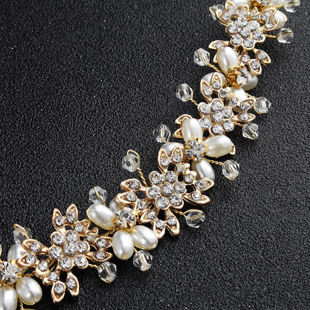 Ammei Bridal Headpiece Flower Design Wedding Headband Bridal Hair Accessories (Gold)