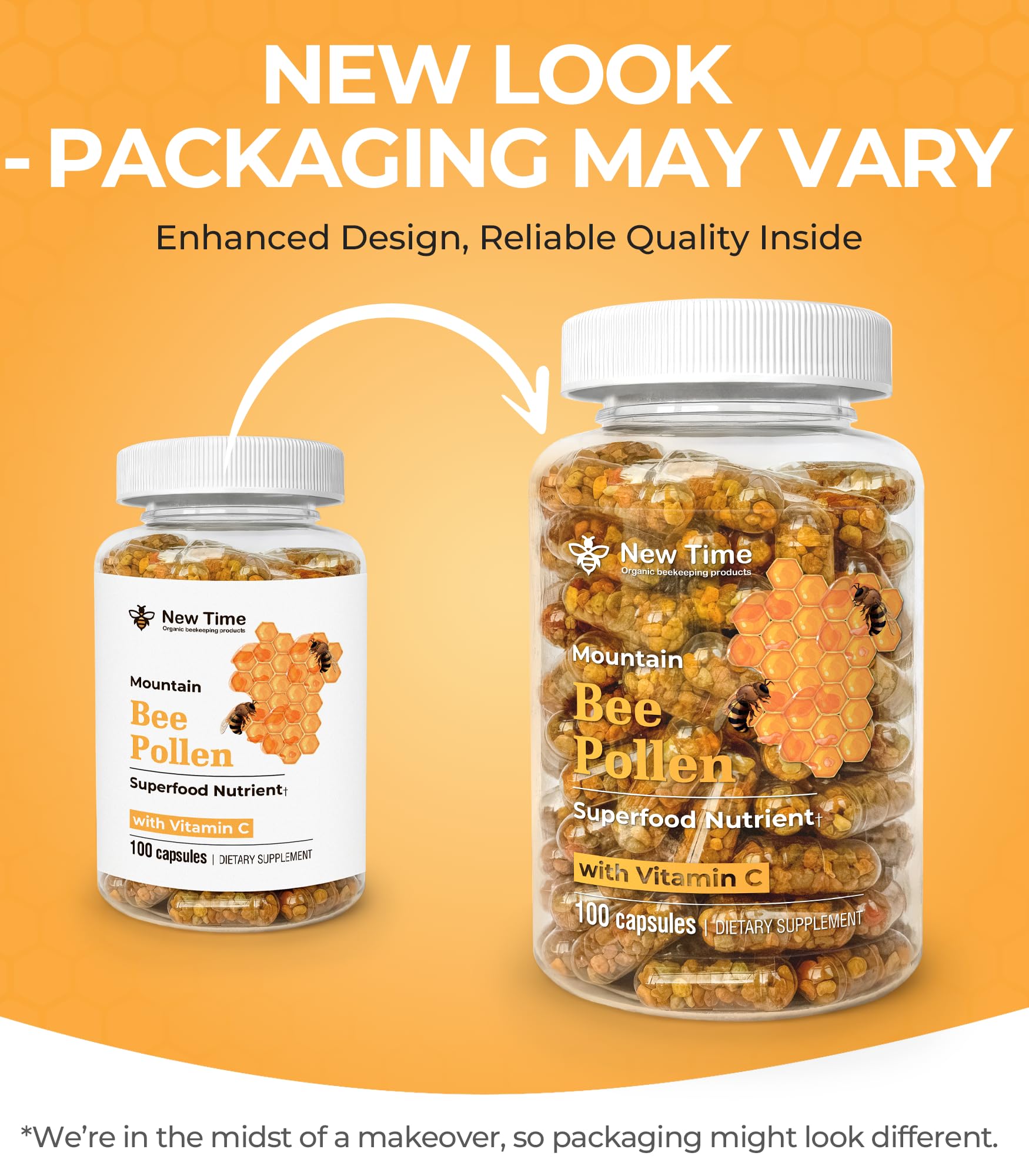 Bee Pollen Vegetarian Capsules with Vitamin C, Organic Supplement for Men and Women, Fermented Granules, Natural Multivitamin, Immune Energy Support (100 caps) Non-GMO & Pure