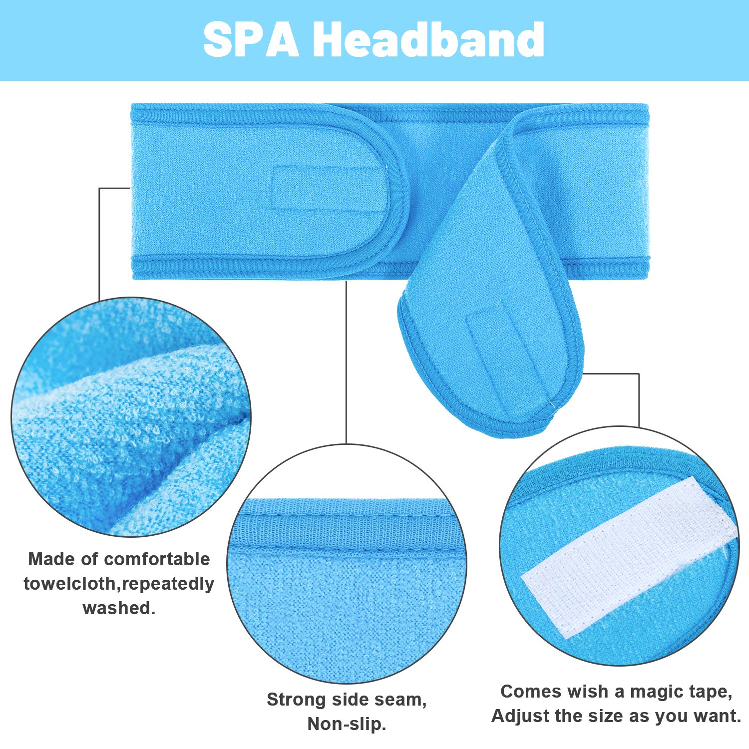 Whaline 4 PCS Spa Headband, Make up Hair Band, Stretch Terry Cloth Headband for Sport Yoga Shower (Blue)