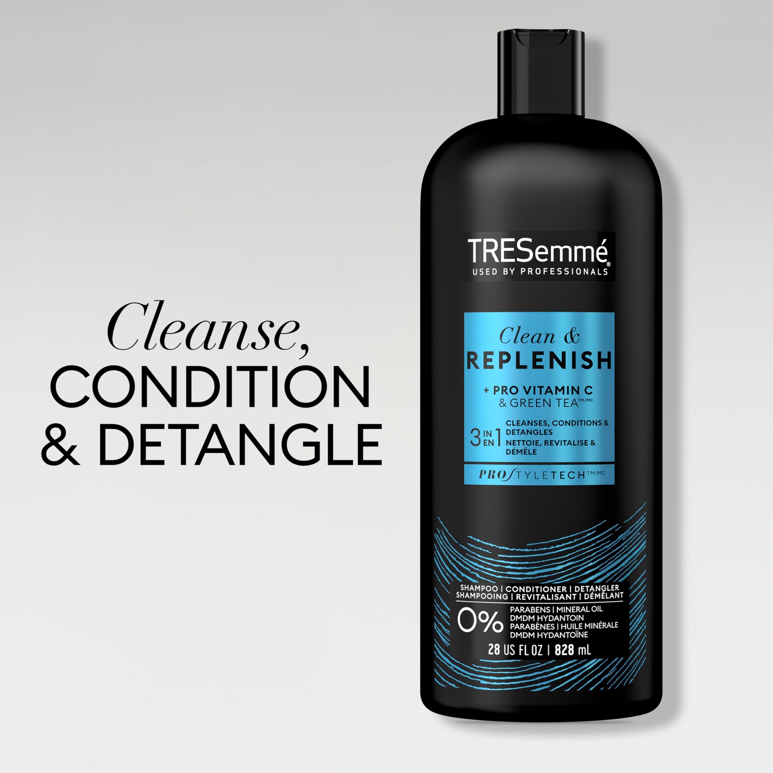 TRESemmé 3-in-1 Shampoo, Conditioner, & Detangler Clean & Replenish Pack of 3 to Cleanse, Condition, & Detangle, with Pro Vitamin C & Green Tea, 28 oz