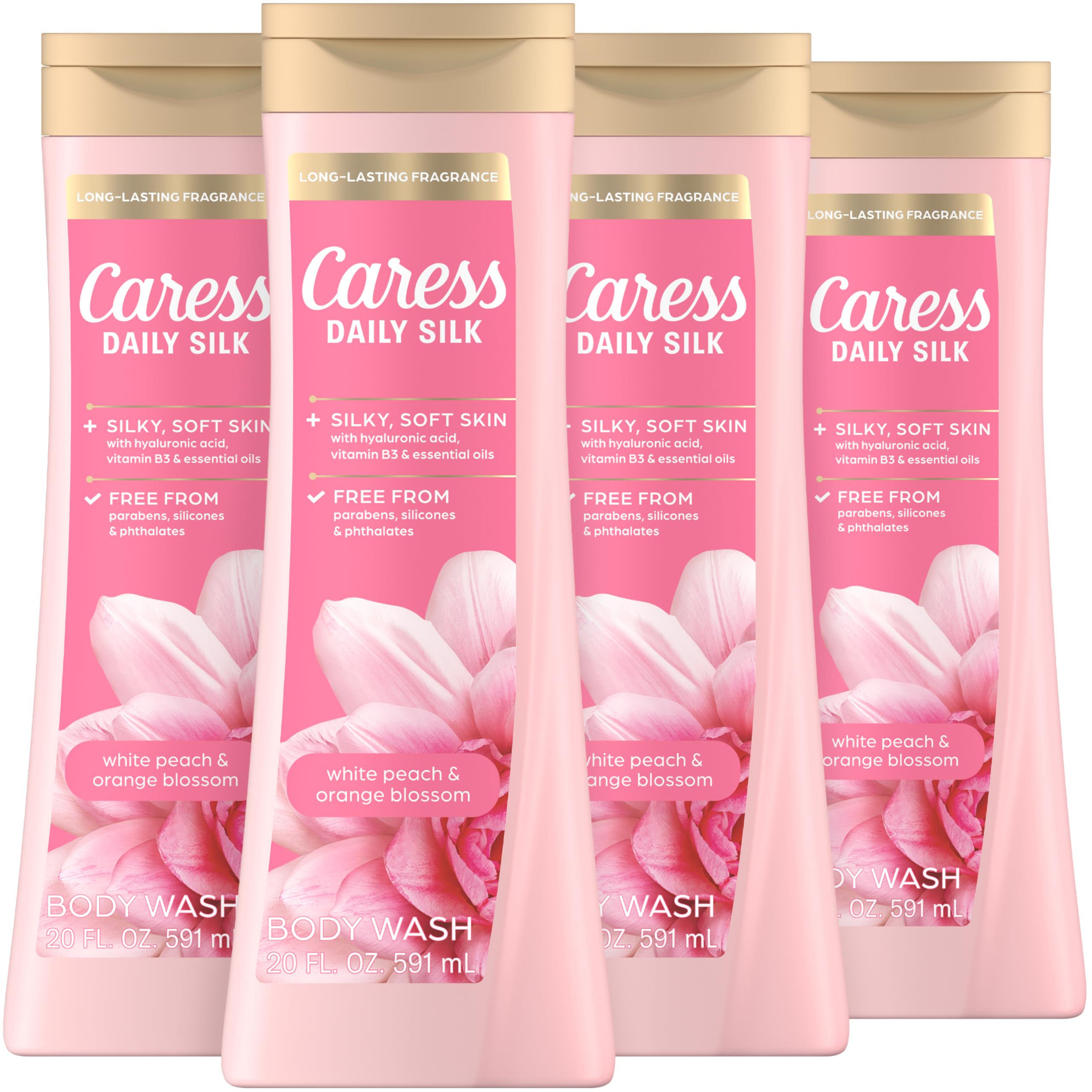 Caress Body Wash for Women, Daily Silk White Peach & Orange Blossom, Shower Gel Body Wash Moisturizing for Noticeably Silky, Soft Skin, 20 fl oz, 4 Pack