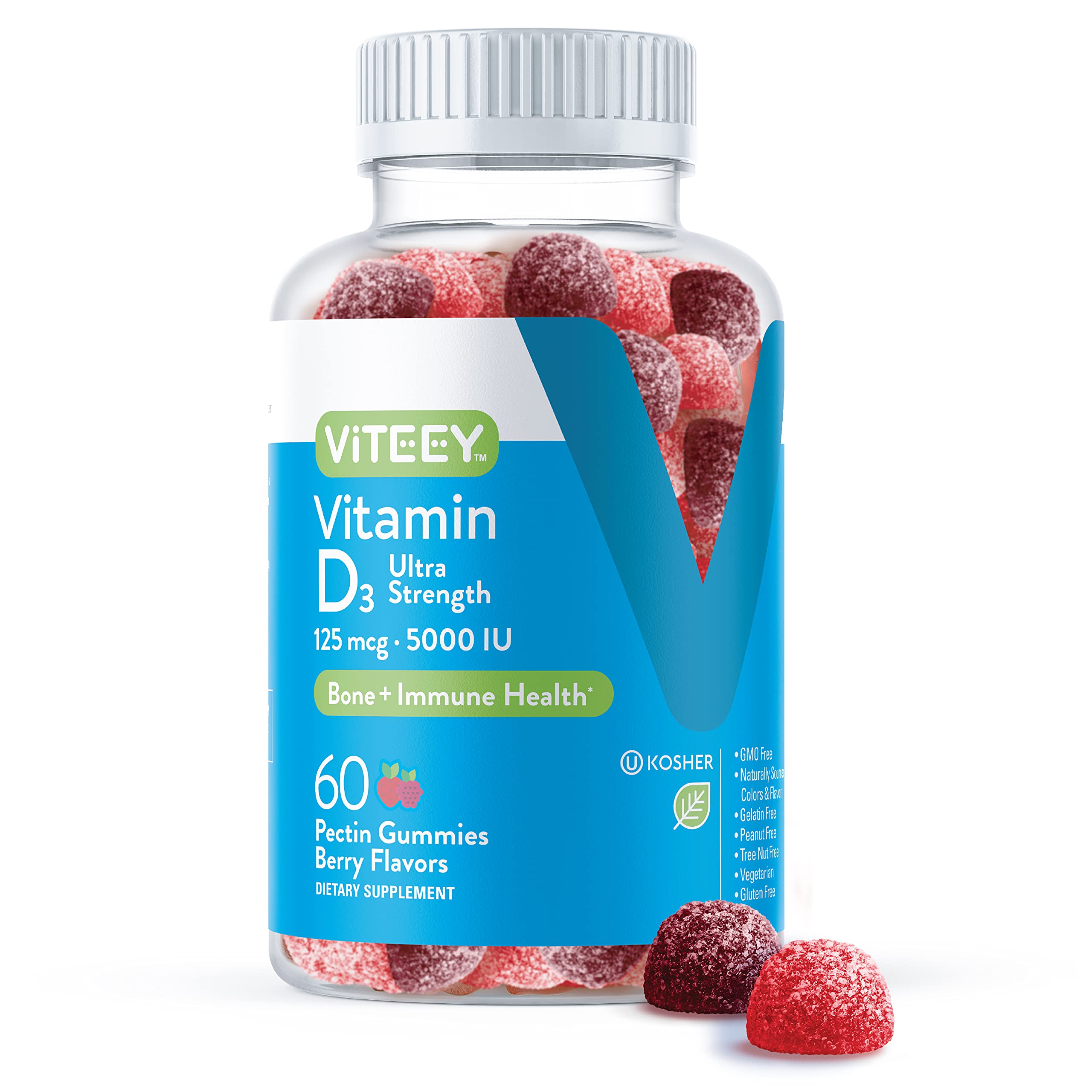 Vitamin D3 Gummies for Adults & Teens - 5,000 IU, 125mcg, Ultra Strength - Joint & Muscle Health, Immune Boost - Chewable Vitamin D Gummies - Vegetarian, Gelatin Free - Tasty Berry Flavored Gummy