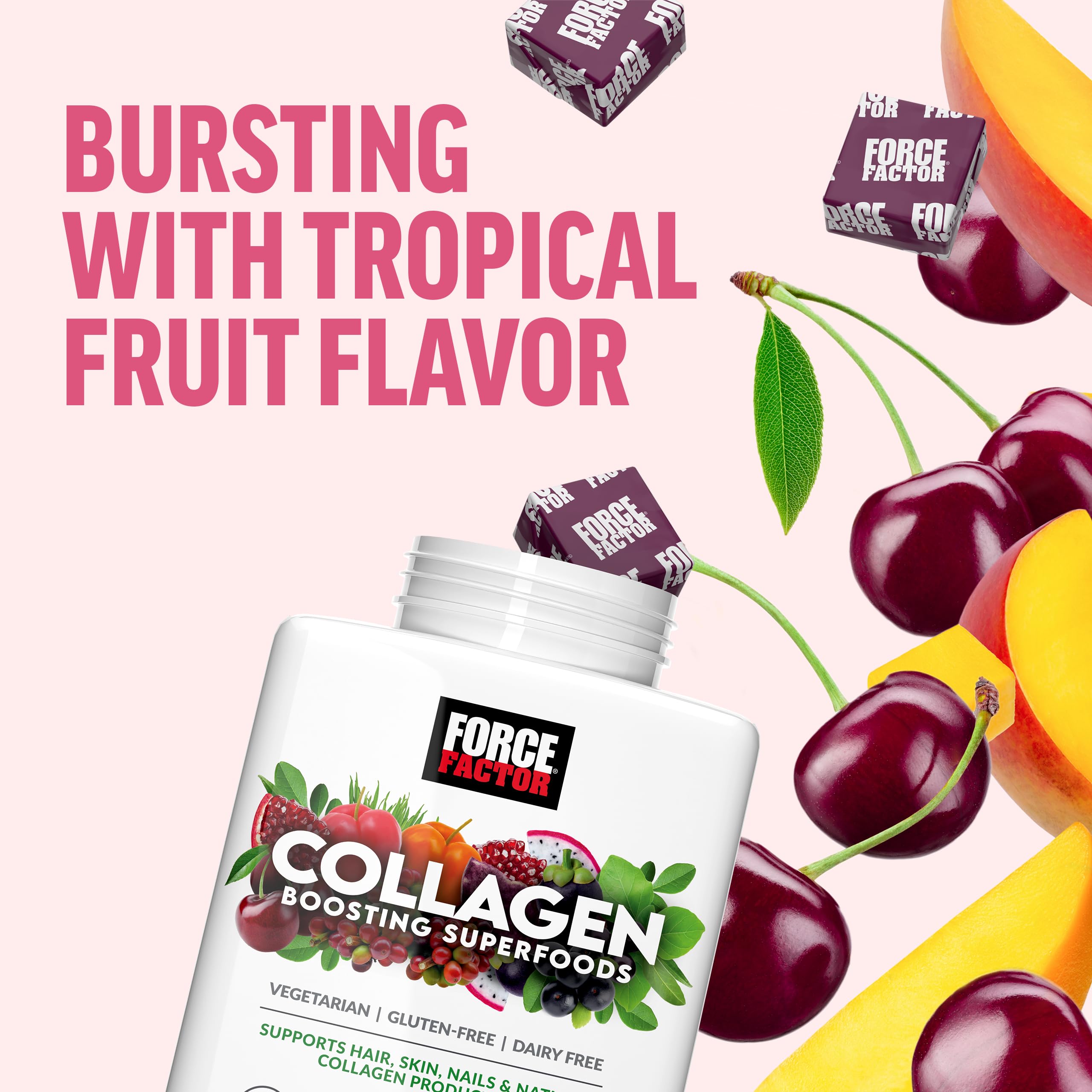 Force Factor Collagen Boosting Superfoods, Vegan Collagen Booster for Women, with Biotin, Hyaluronic Acid, and Vitamin C, for Hair, Skin, Nails, & Joint Support, Tropical Fruit, 60 Soft Chews