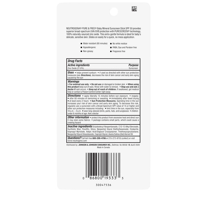 Neutrogena Pure & Free Baby Mineral Sunscreen Stick with Broad Spectrum SPF 50, Baby Face & Body Sunscreen, 0.47 oz 1 ea (Pack of 3)