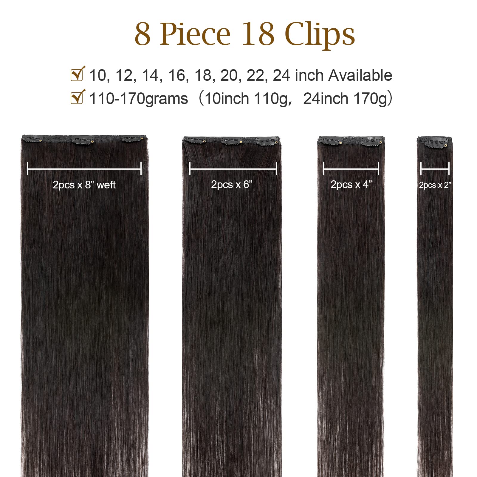 Double Weft 100% Remy Human Hair Clip in Extensions 10''-22'' Grade 7A Quality Full Head Thick Long Soft Silky Straight 8pcs 18clips for Women Beauty (14 / 14 inch 120g ,#1B Natural Black)