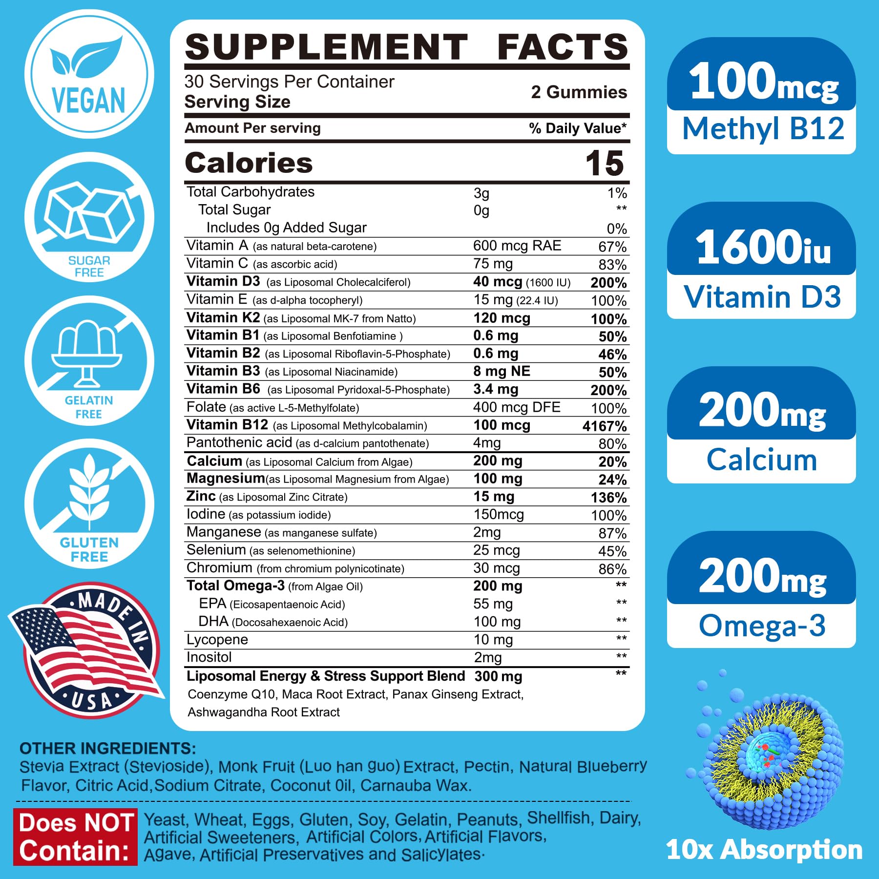 Multivitamin for Men Gummies, Vitamins A C D3 K2 E B, Zinc, Vegan Omega 3, CoQ10, Calcium, Magnesium, Lycopene - Liposomal Mens Methylated Vitamins, Energy, Immunity, Bone - Sugar Free, Vegan, 120 Cts