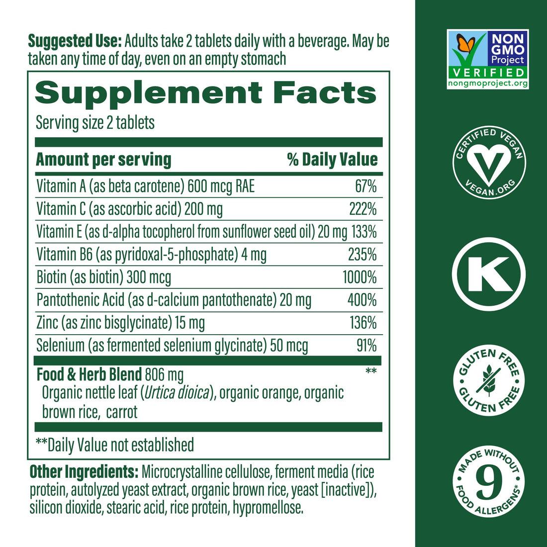 MegaFood Skin, Nails & Hair 2 - Vitamins for Women & Men - Biotin, Vitamin A, Vitamin C, Zinc, Vitamin B6, Vitamin E, Pantothenic Acid - Vegan - Made Without 9 Food Allergens - 60 Tabs (30 Servings)