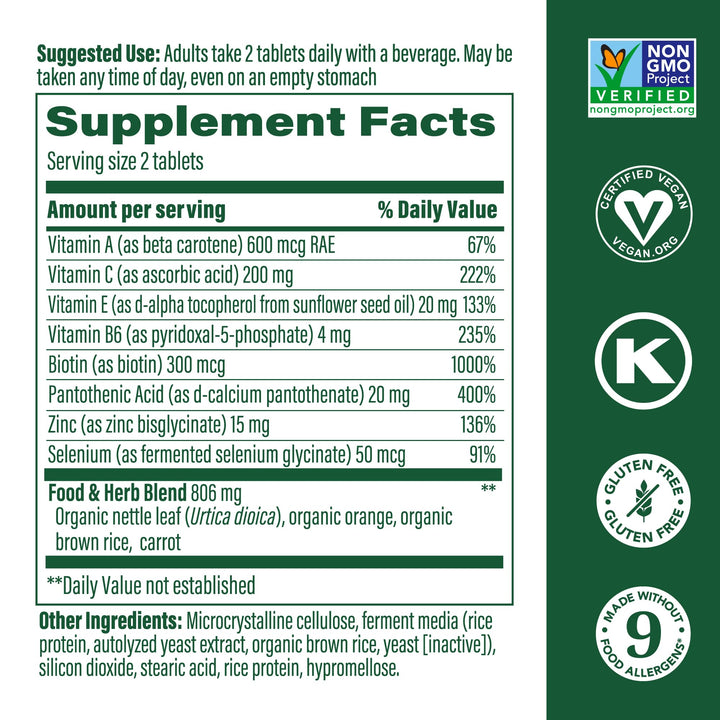 MegaFood Skin, Nails & Hair 2 - Vitamins for Women & Men - Biotin, Vitamin A, Vitamin C, Zinc, Vitamin B6, Vitamin E, Pantothenic Acid - Vegan - Made Without 9 Food Allergens - 60 Tabs (30 Servings)