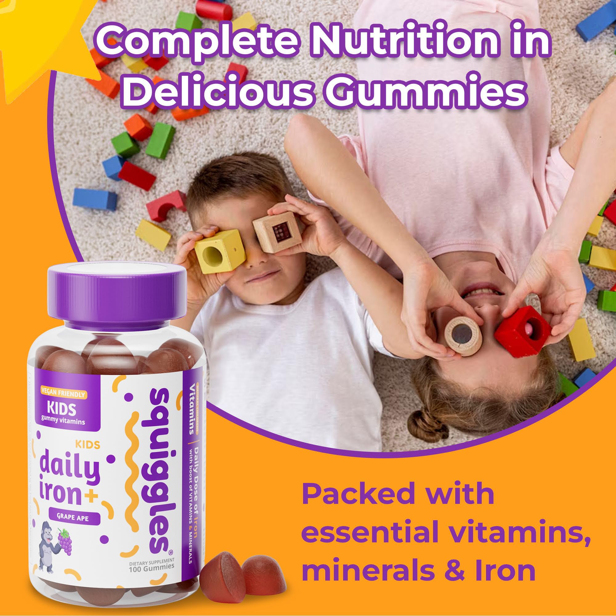 Squiggles Kids Daily Iron+ Gummies - Gummy Vitamin, Low Sugar, Boost of Vitamins, Minerals and Iron, Vegan Supplement, Chewy, Yummy Grape Flavor, 100 Count