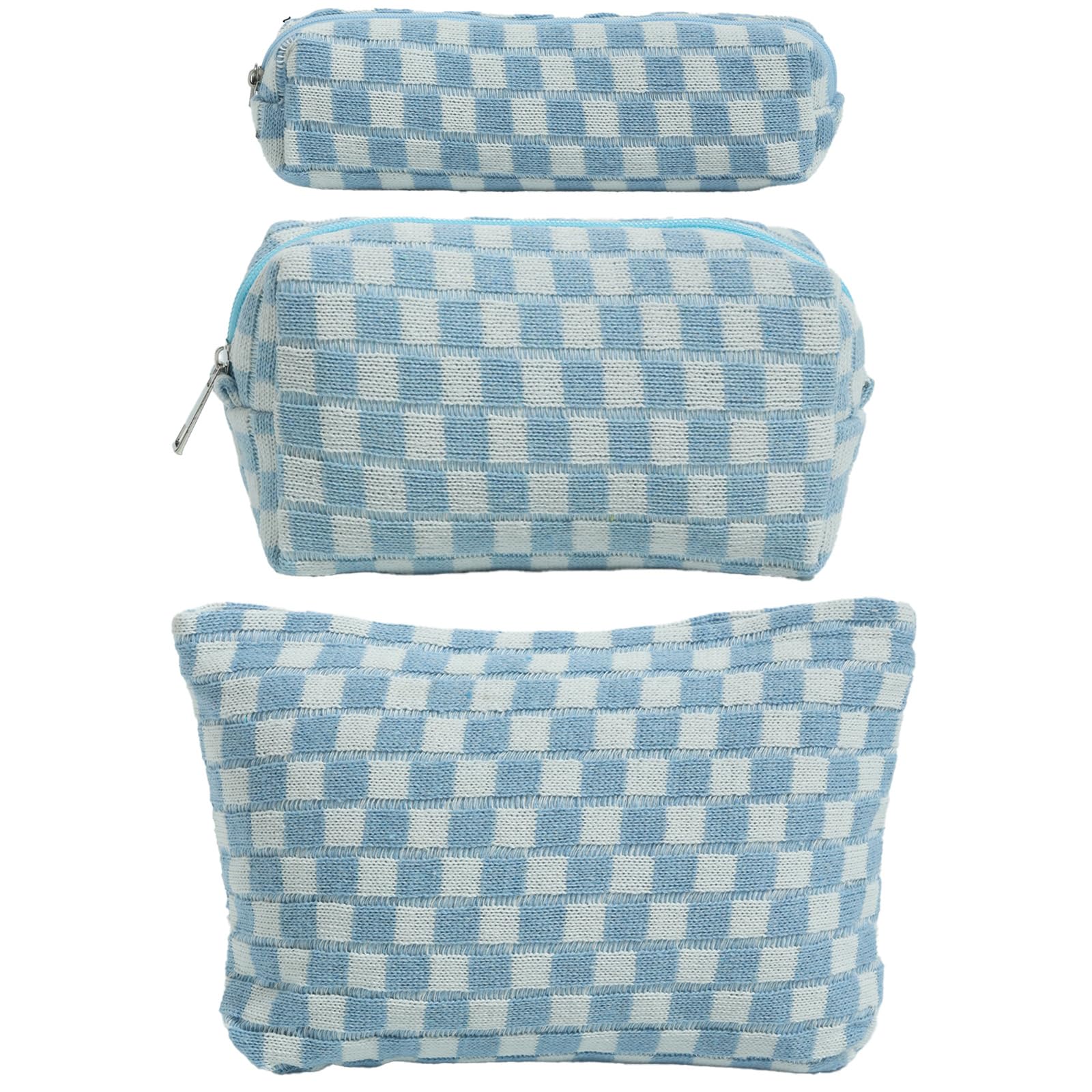 LYDZTION Large Capacity Makeup Bag Set - 3 Pieces Checkered Cosmetic Bag for Women Travel Makeup Bag Organizer Cute Makeup Brushes Storage Bag Travel Toiletry Bag Storage Bag for Women,Blue