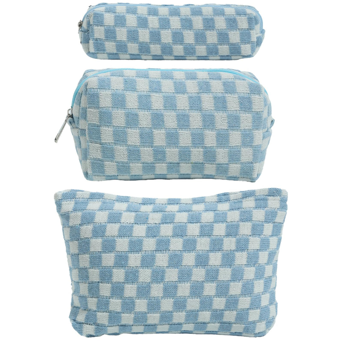LYDZTION Large Capacity Makeup Bag Set - 3 Pieces Checkered Cosmetic Bag for Women Travel Makeup Bag Organizer Cute Makeup Brushes Storage Bag Travel Toiletry Bag Storage Bag for Women,Blue